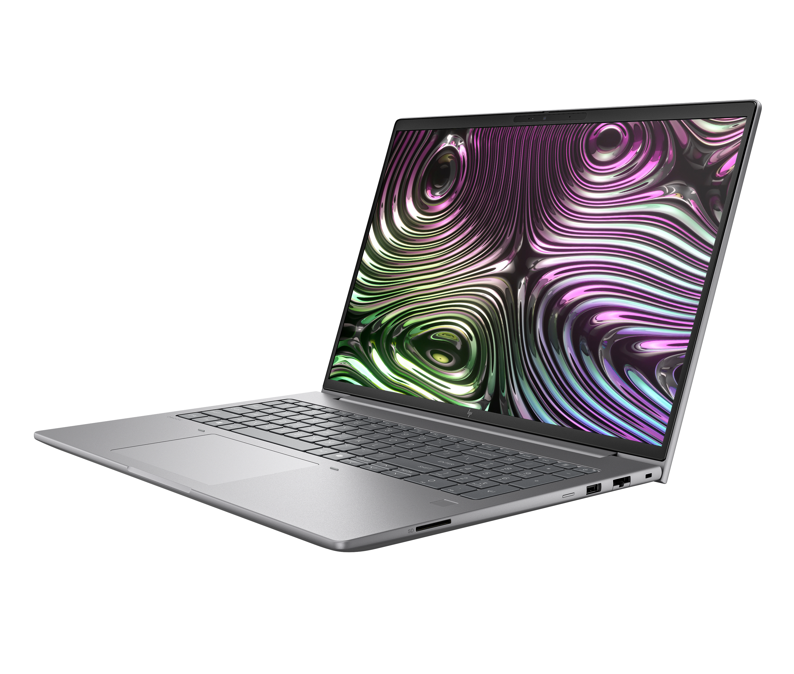 Un laptop argentato con uno sfondo astratto sullo schermo.