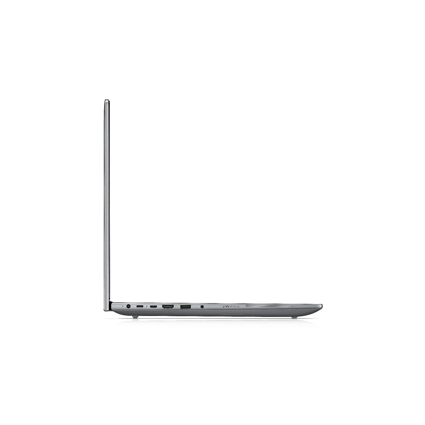 Vista laterale di un laptop argentato con porte e logo Poly Studio.