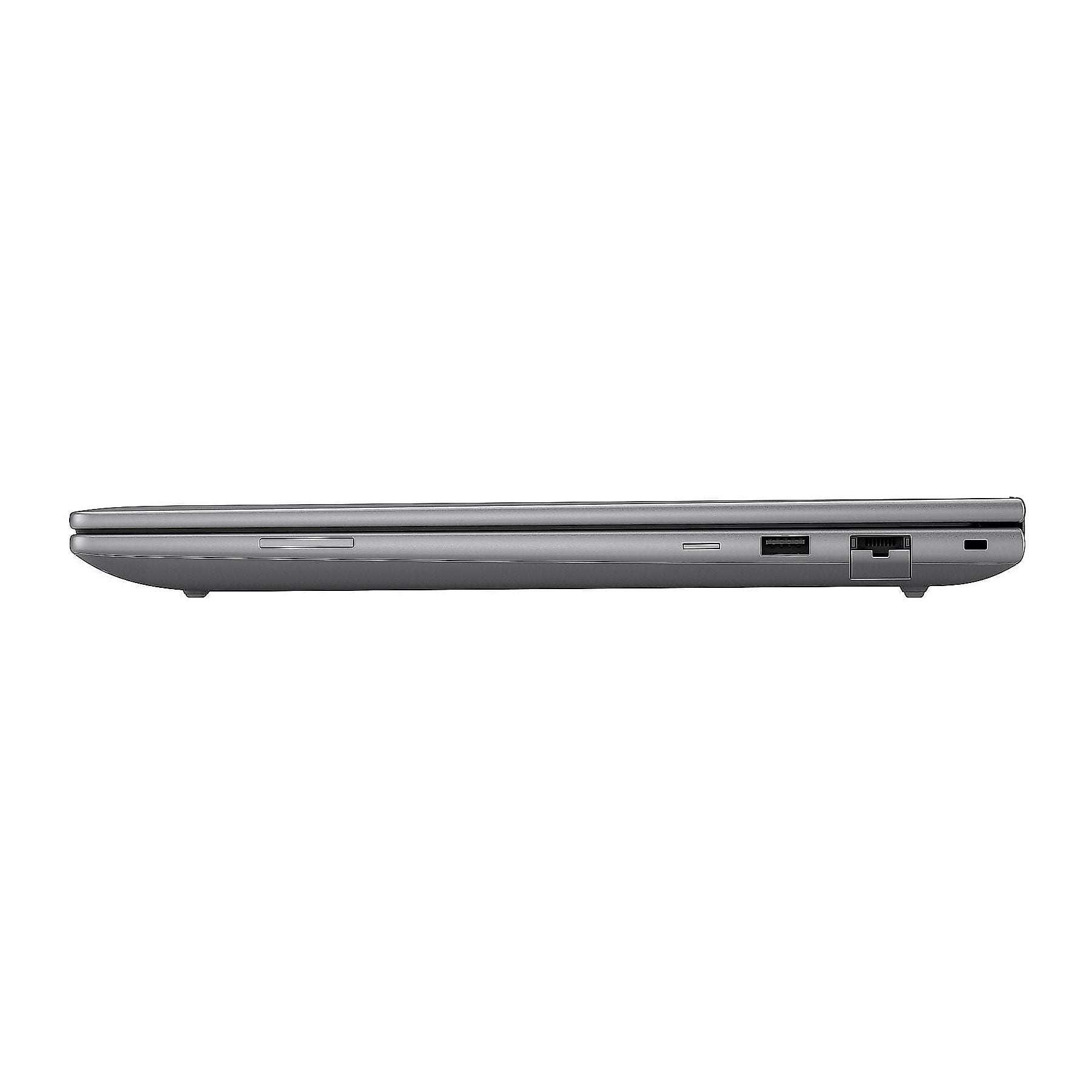 Lato di un laptop grigio con porte: USB, lettore di schede SD ed Ethernet.