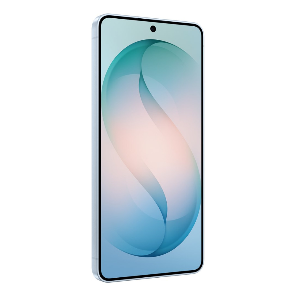 Srebrny smartfon z niebieskim i różowym abstrakcyjnym tłem na ekranie.