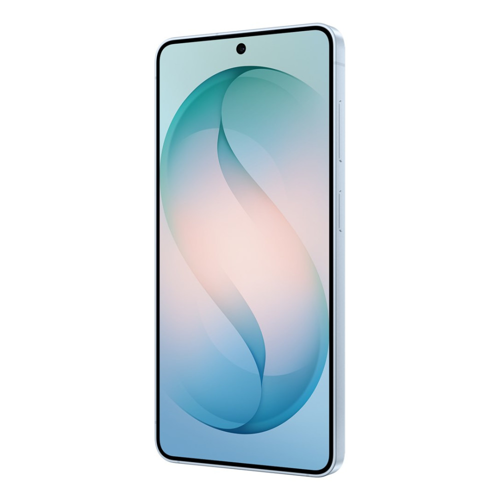 Jasnoniebieski smartfon z abstrakcyjnym, płynnym tłem na ekranie.