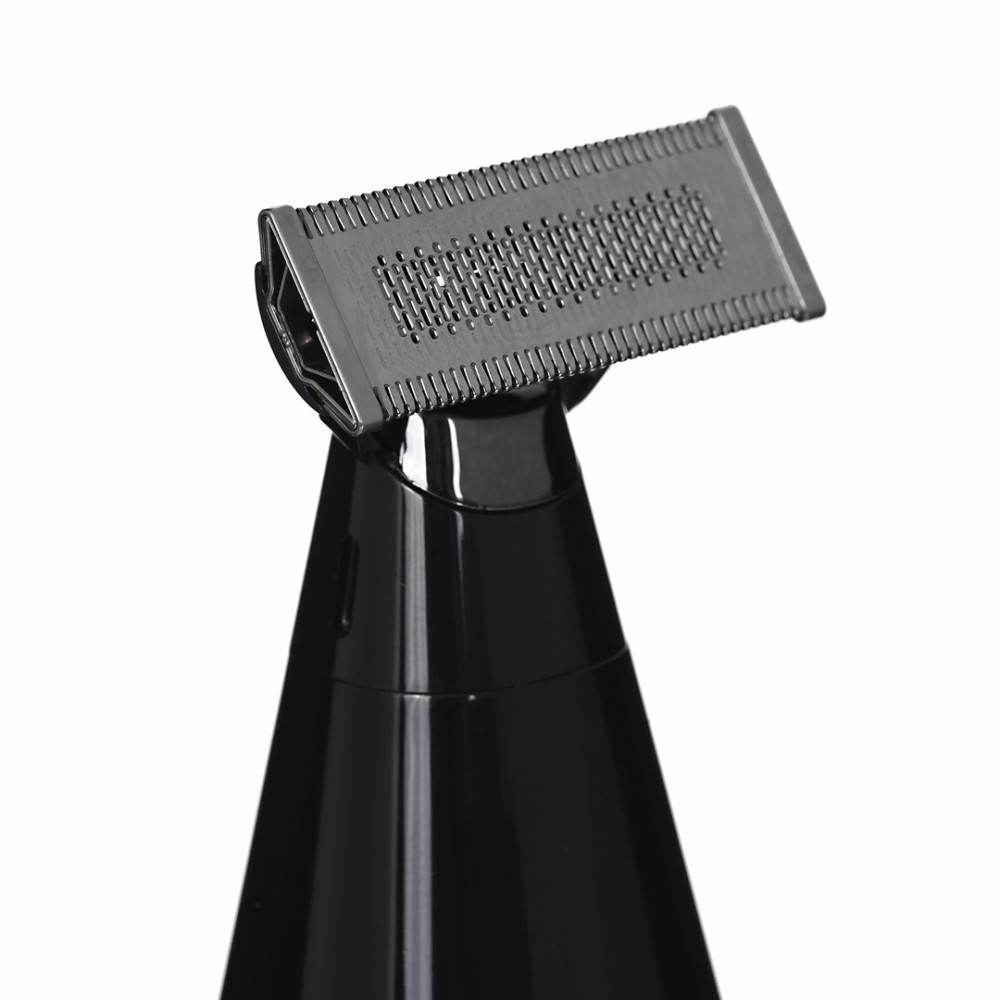 Nahaufnahme eines schwarzen Trimmers mit Metallklingen und einem konischen Griff.