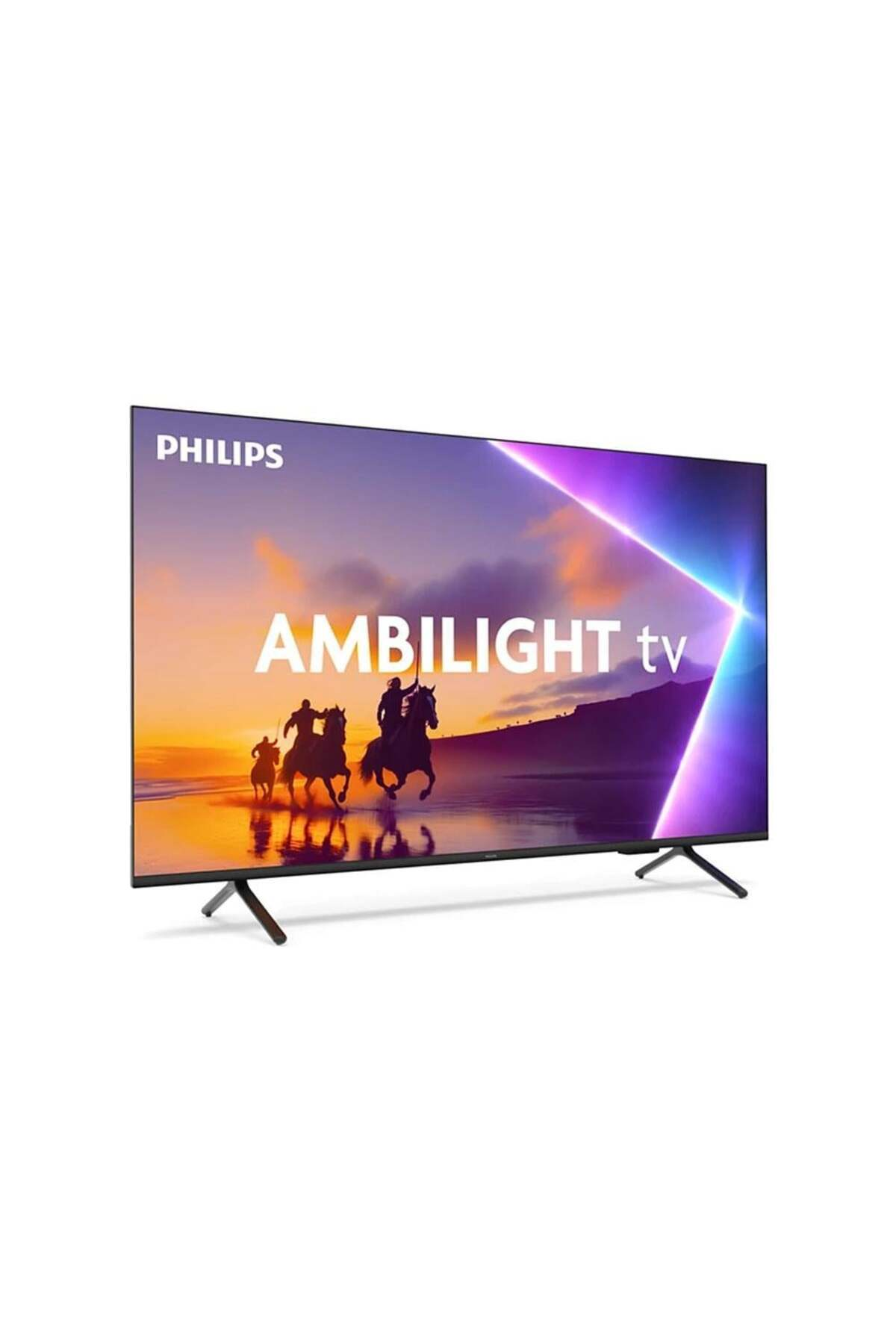 Bir Philips Ambilight TV gün batımında sahilde süvarileri gösteriyor.