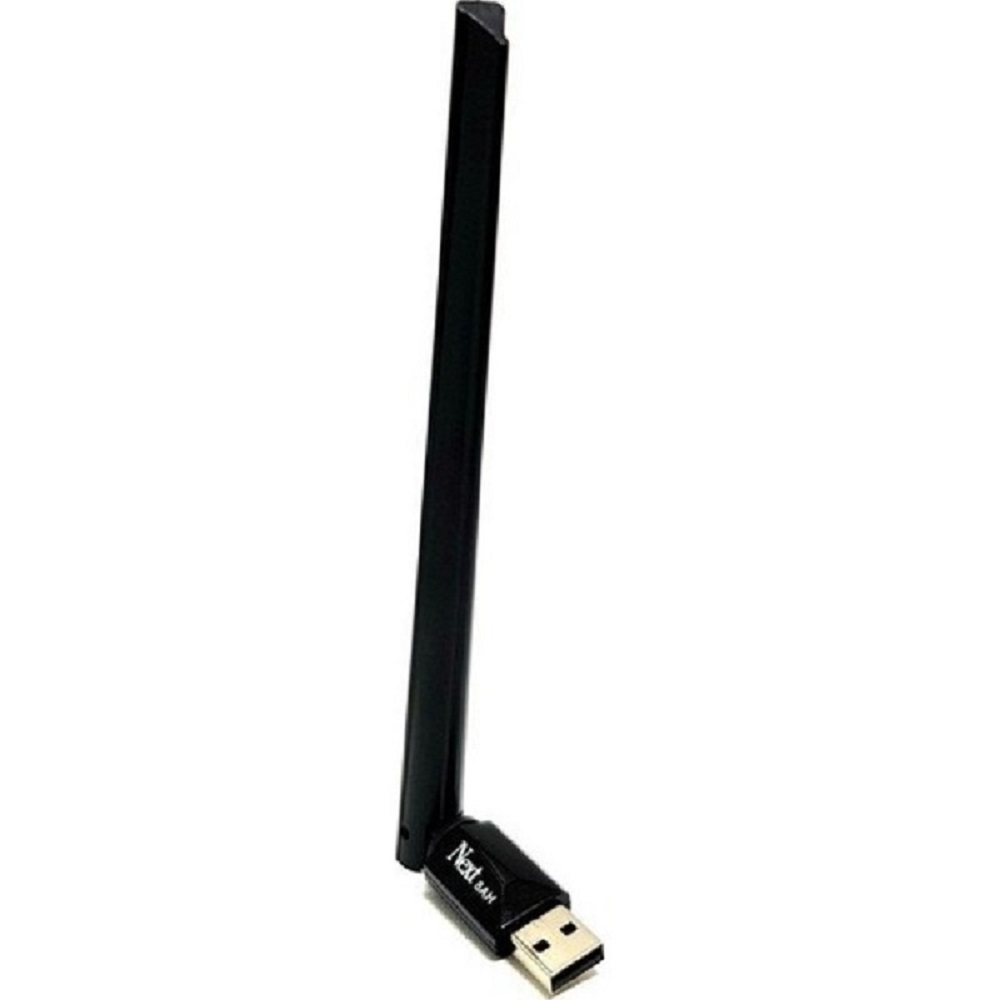 Beyaz arka plan üzerinde çıkarılabilir antenli siyah USB WiFi adaptörü.