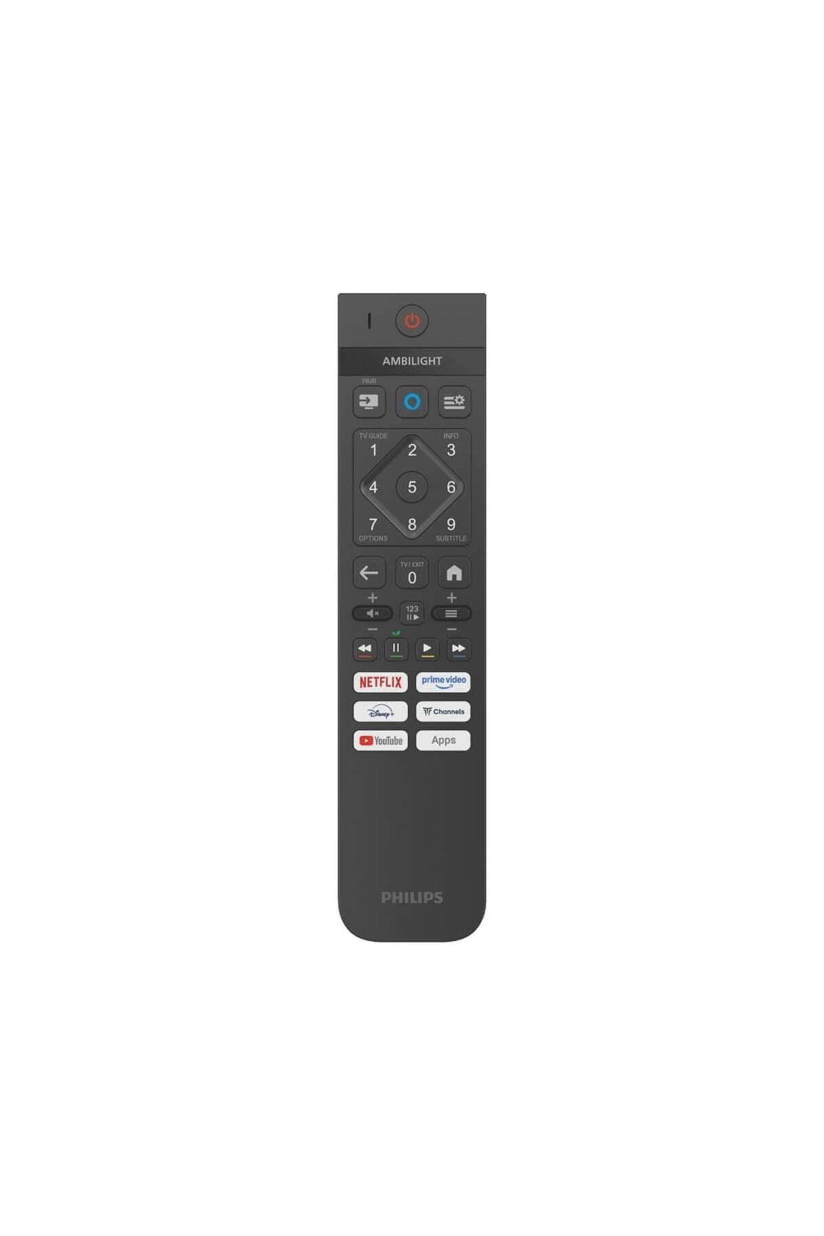 Netflix, Prime Video ve Uygulamalar düğmeli koyu renkli Philips TV uzaktan kumandası.