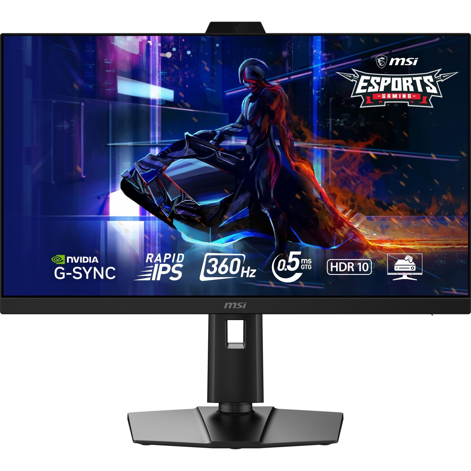 Bir oyun monitörü, MSI Esports logosuyla siberpunk bir sahne gösteriyor.