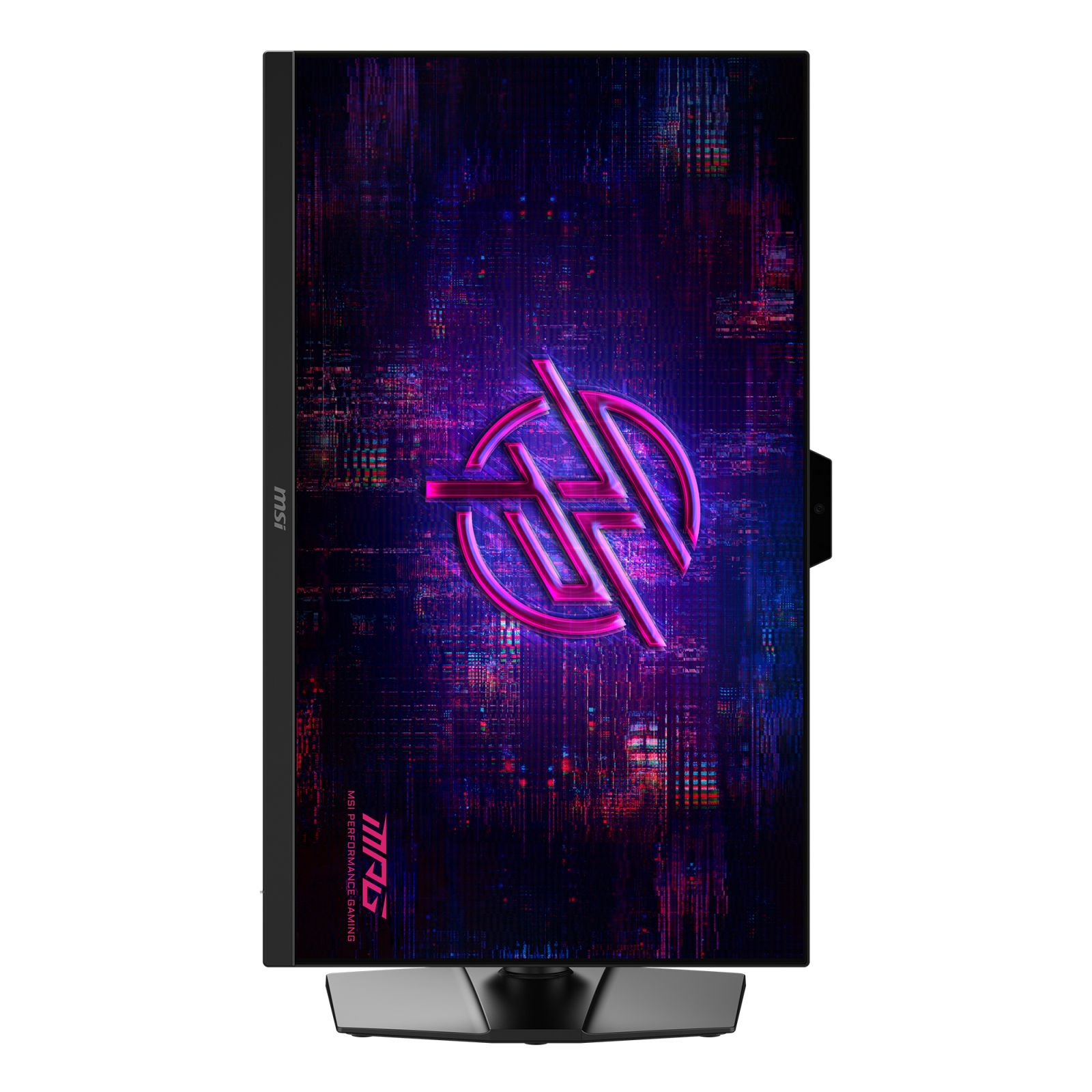 Dikey bir MSI monitör, pembe geometrik logolu canlı mor ve mavi soyut bir tasarım sergiliyor.