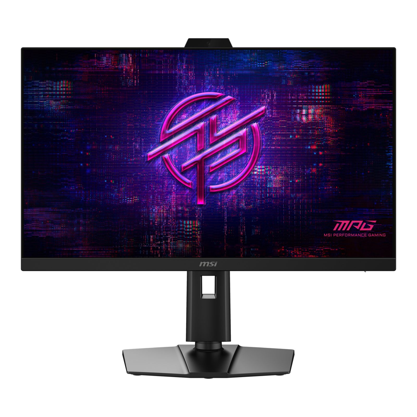 Mor-mavi glitch'li arka plan ve stilize edilmiş bir logoya sahip siyah MSI oyuncu monitörü.