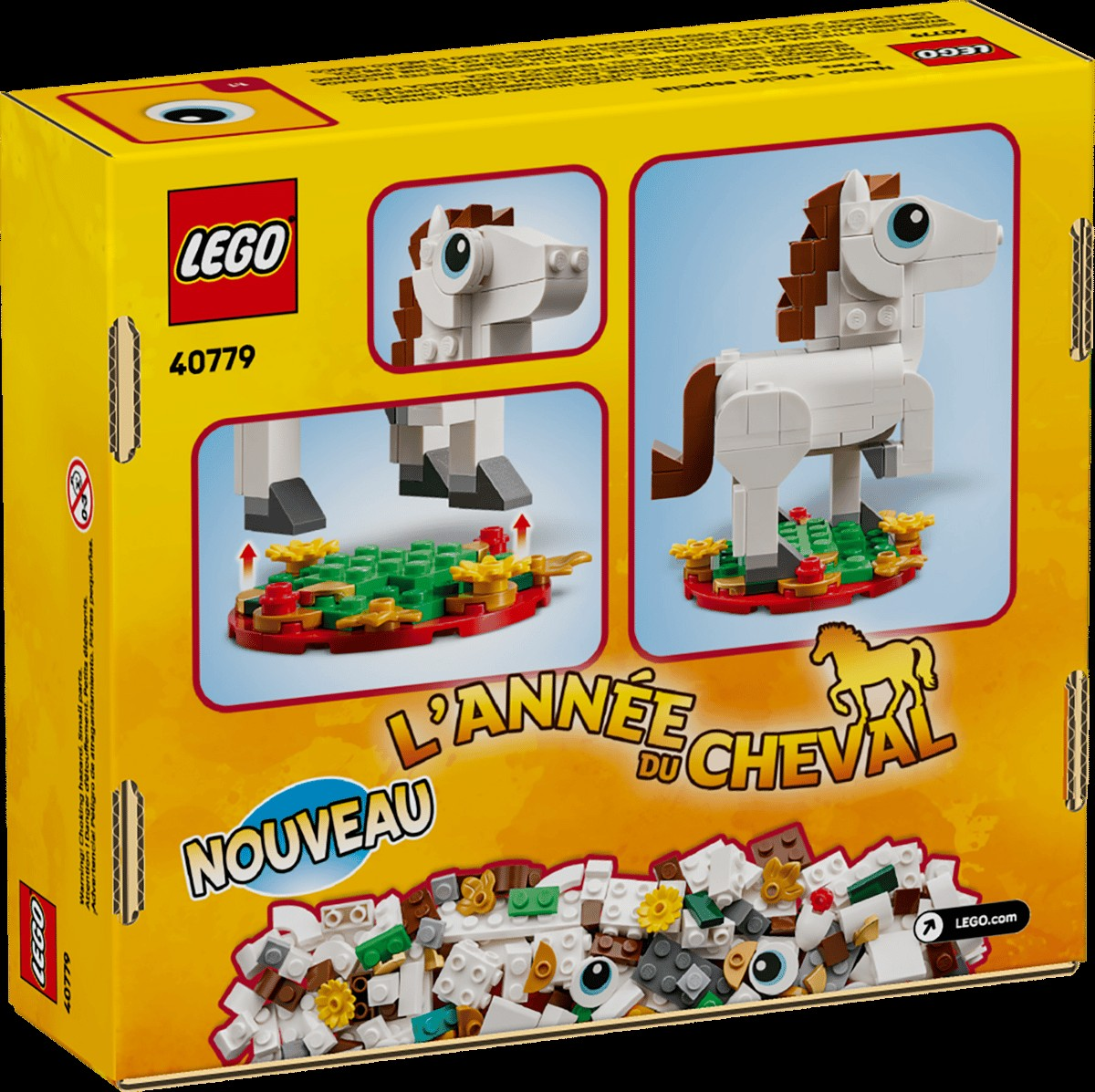 LEGO at yapım kutusu, beyaz at modeli ve yapım parçaları gösteriliyor.