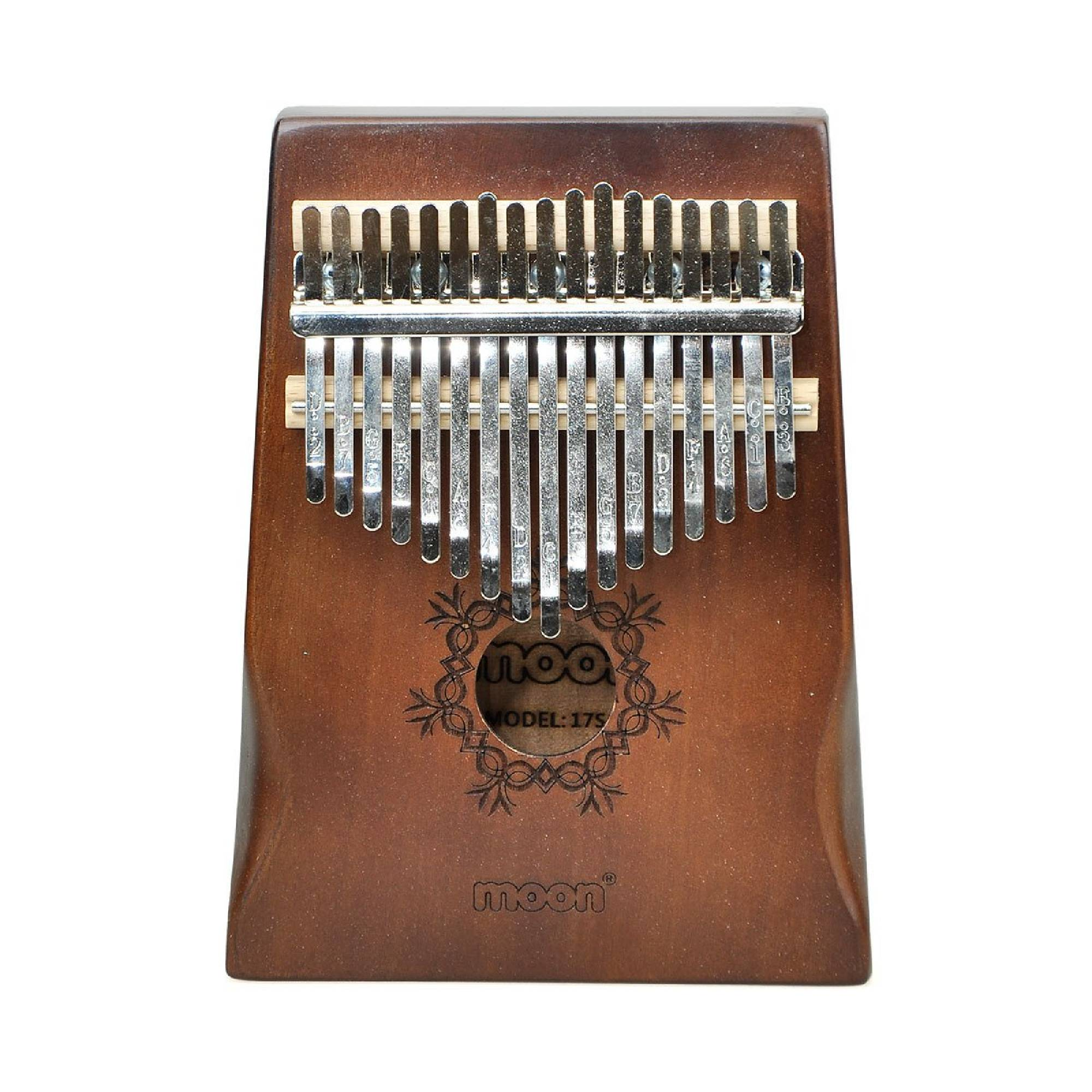 Metal çivili ve gravürlü kahverengi bir kalimba enstrümanı.