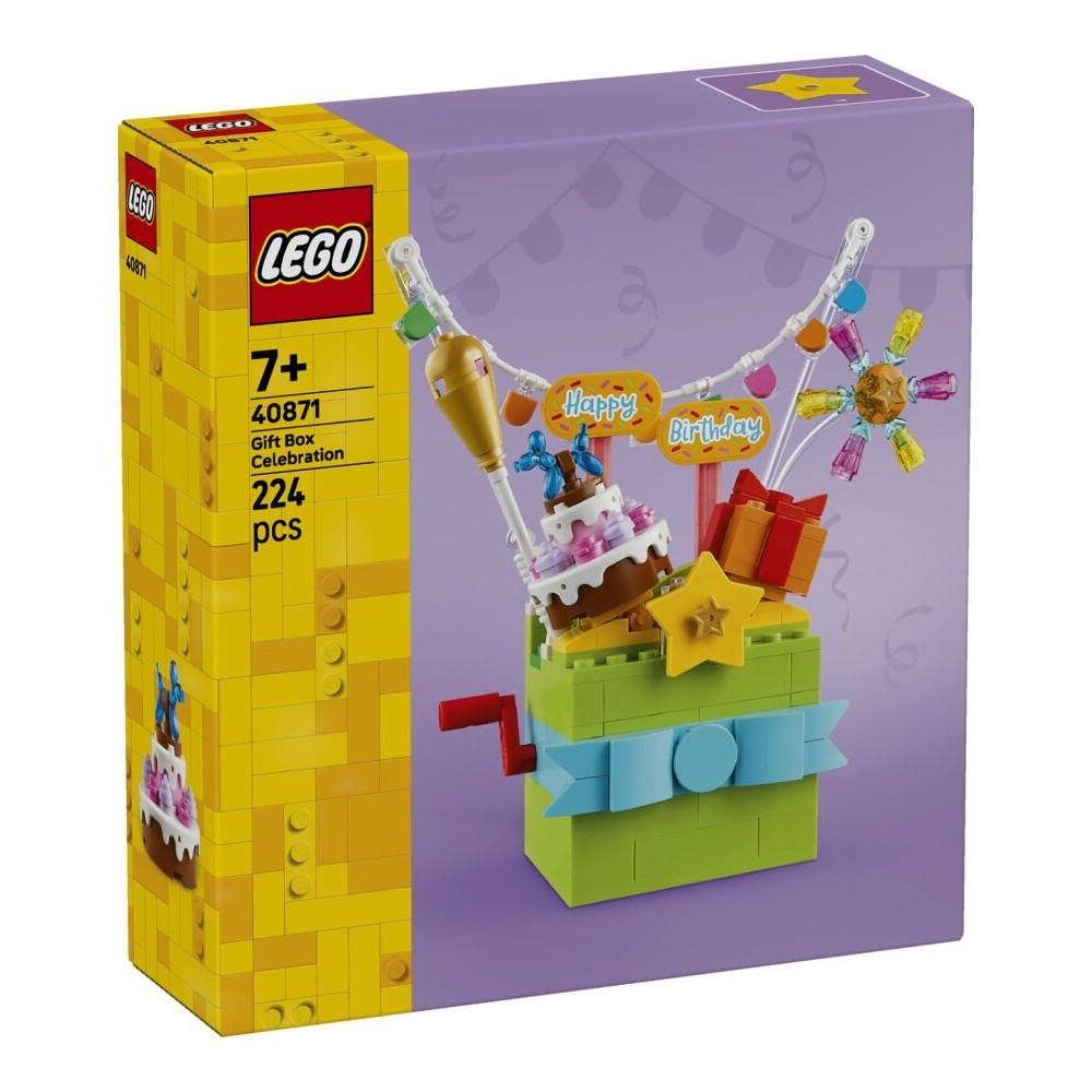 Lego doğum günü hediye kutusu, pasta, hediyeler ve afiş içerir. 224 parça.