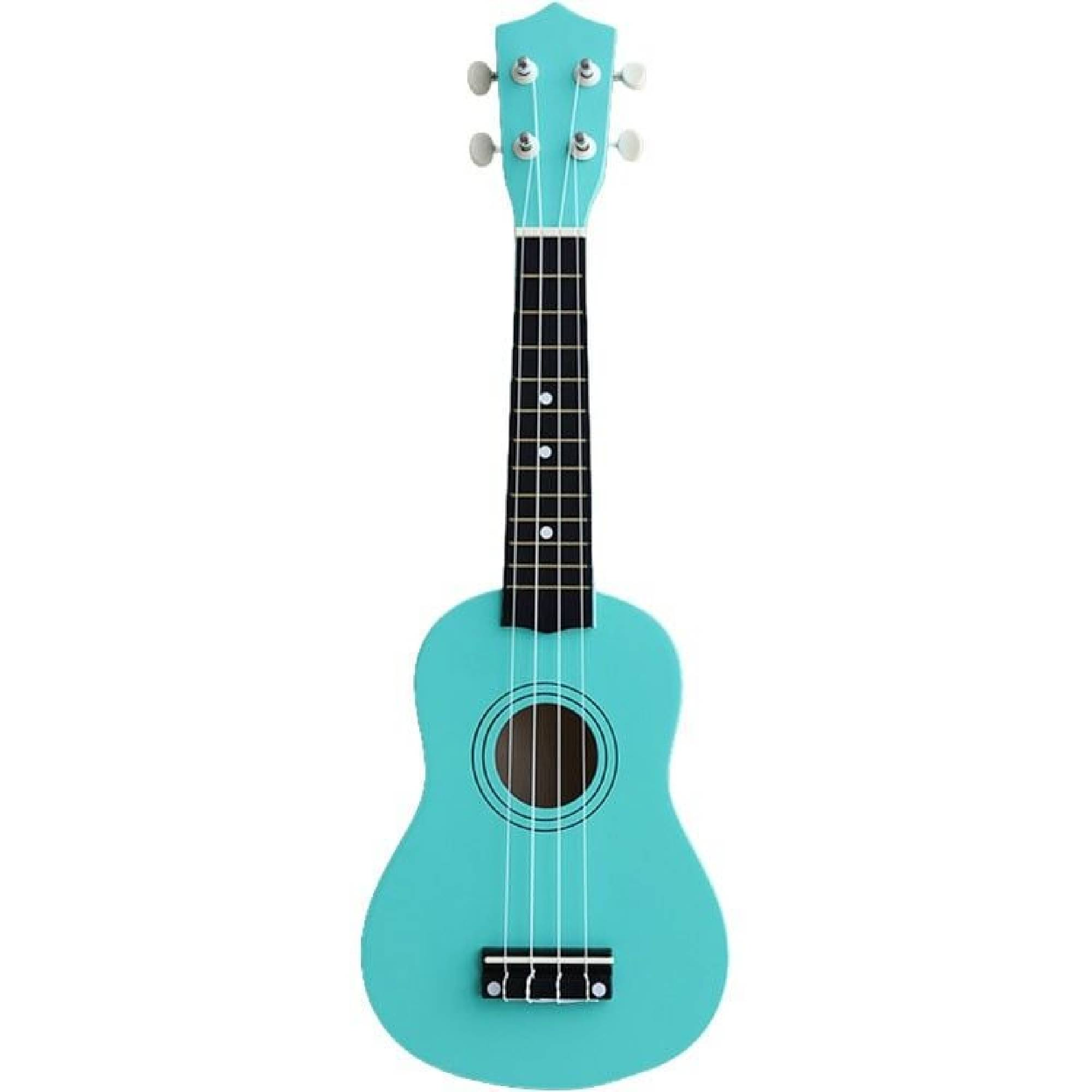 Dört telli, siyah klavyeli açık mavi bir ukulele.