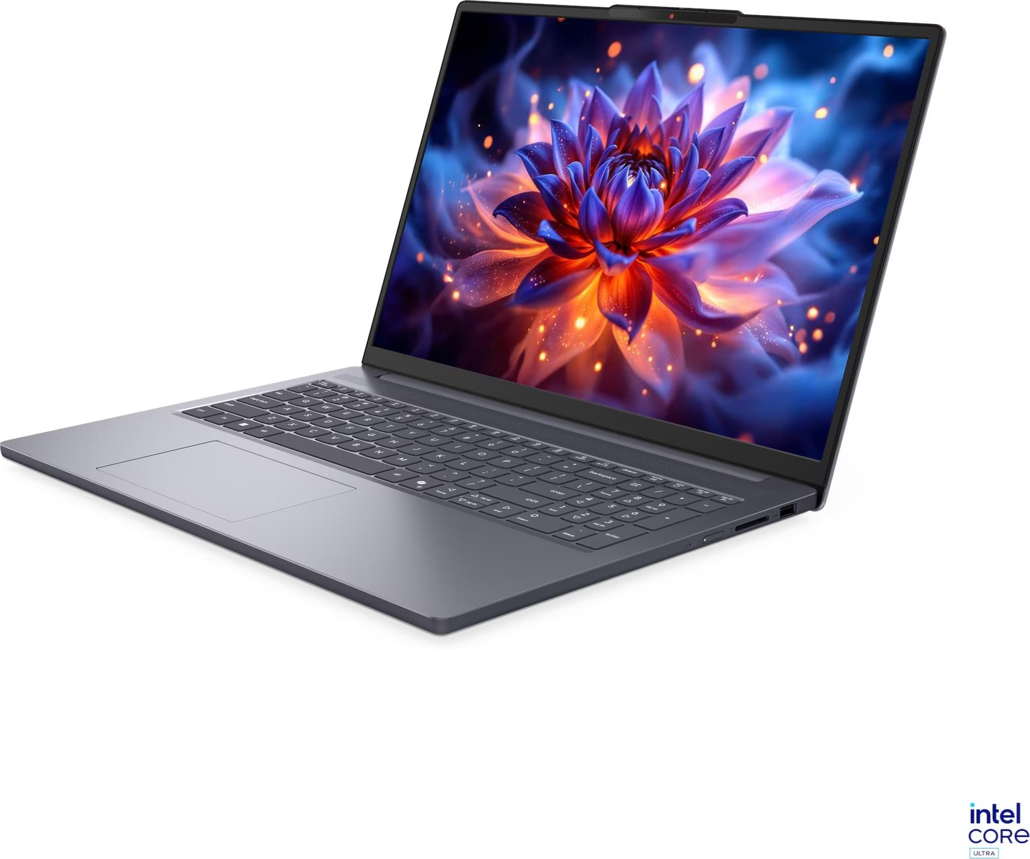 Canlı çiçekli duvar kağıdı ve Intel Core Ultra logosuna sahip gri dizüstü bilgisayar.