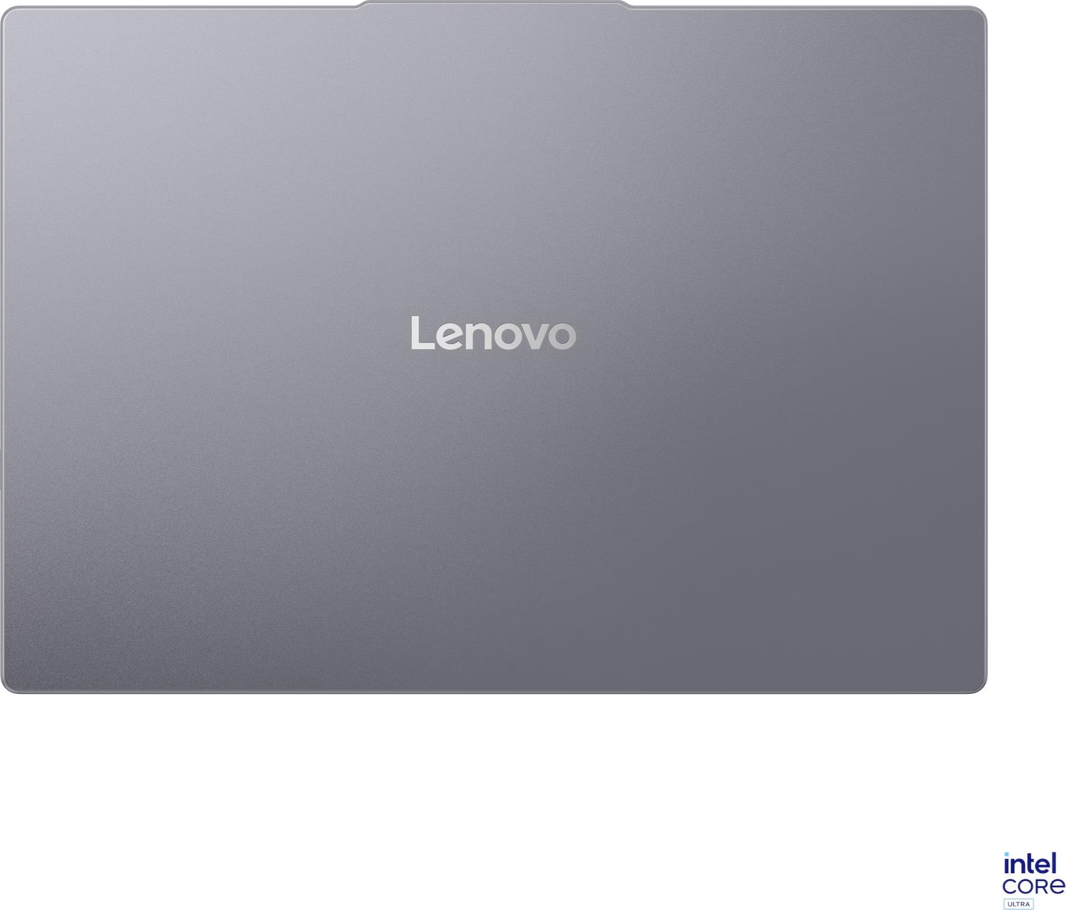 Lenovo logosu ve Intel Core Ultra çıkartması olan gri dizüstü bilgisayar.