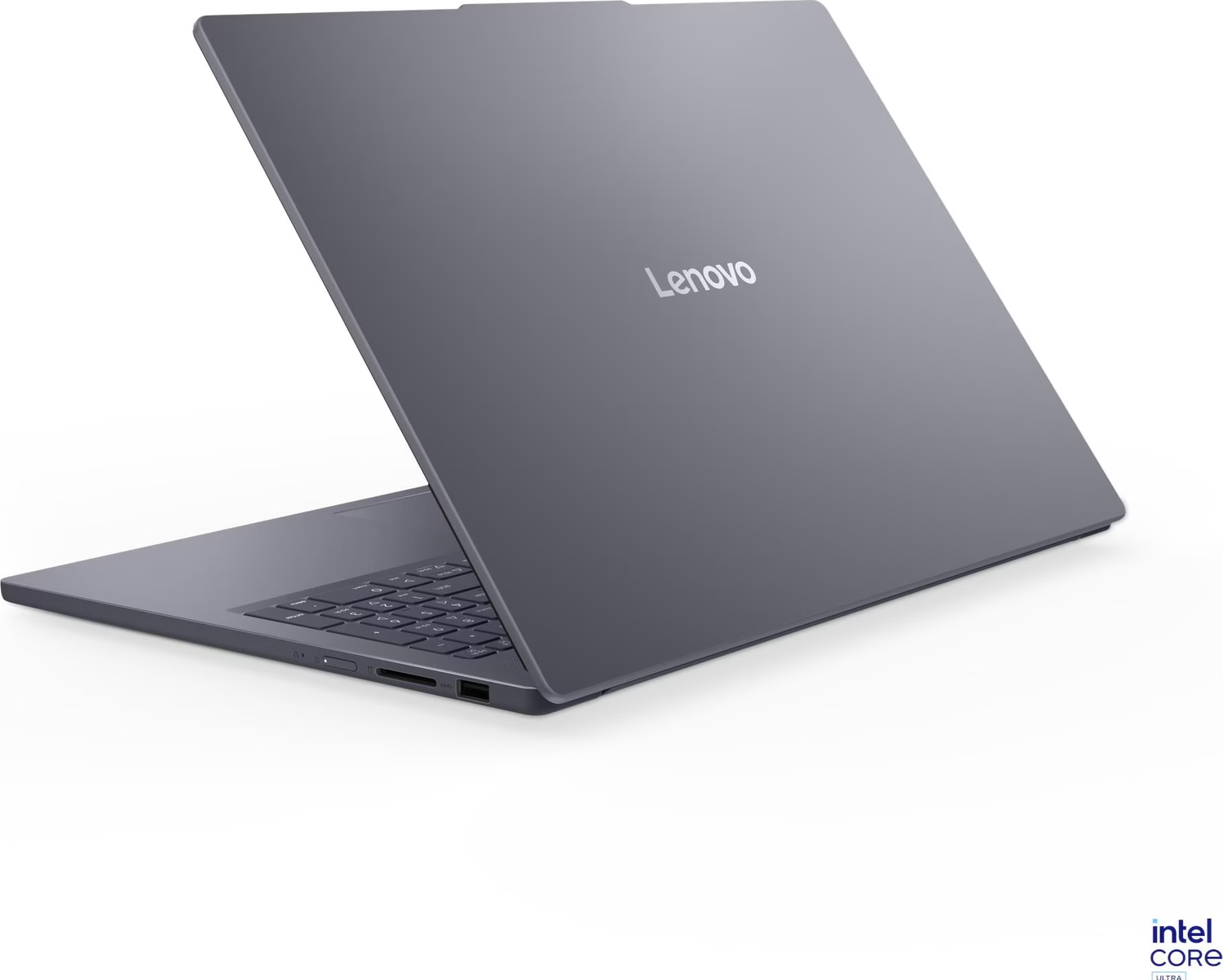 Klavye ve Intel Core Ultra logolu gri Lenovo dizüstü bilgisayar.