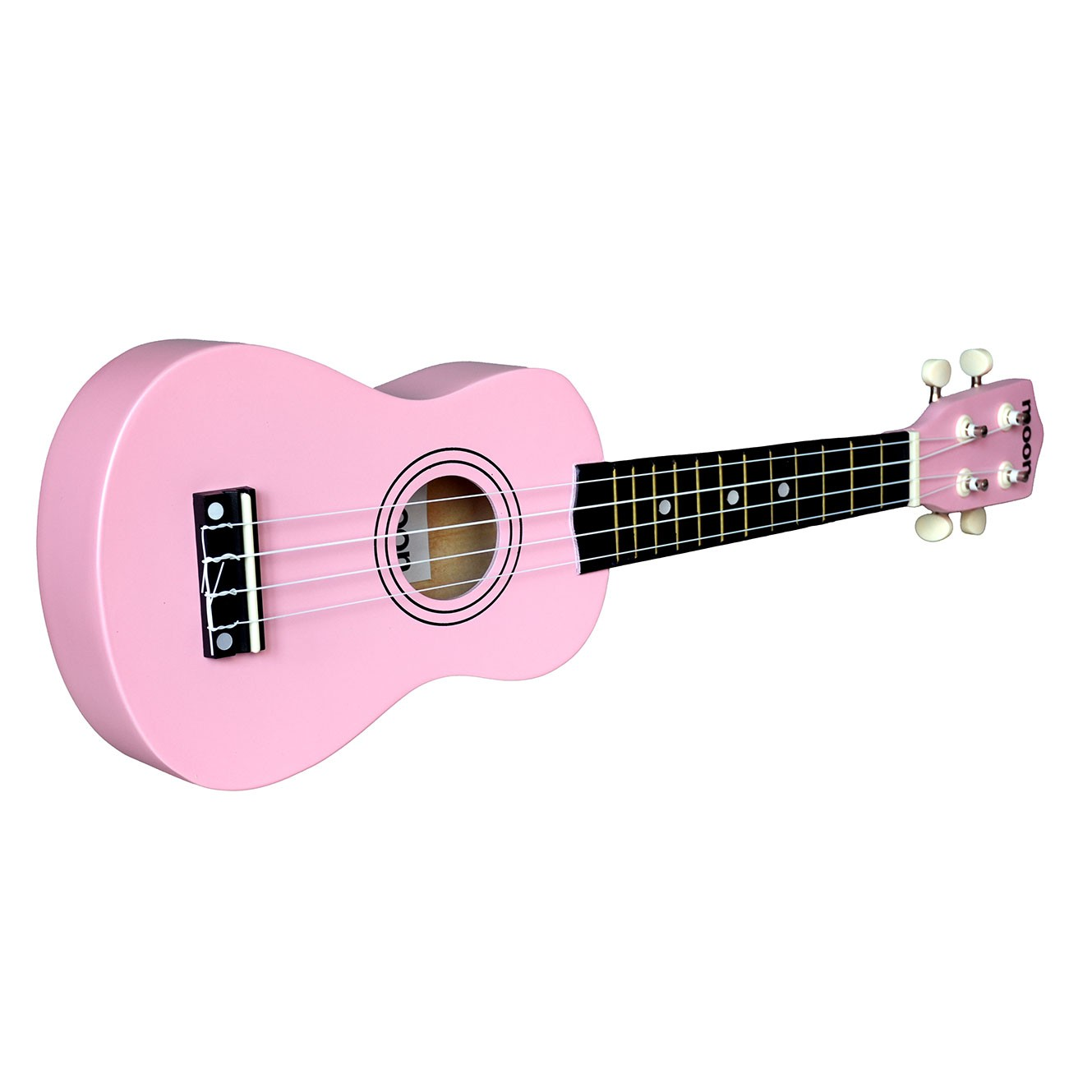 Dört telli, siyah klavyeli pembe bir ukulele.