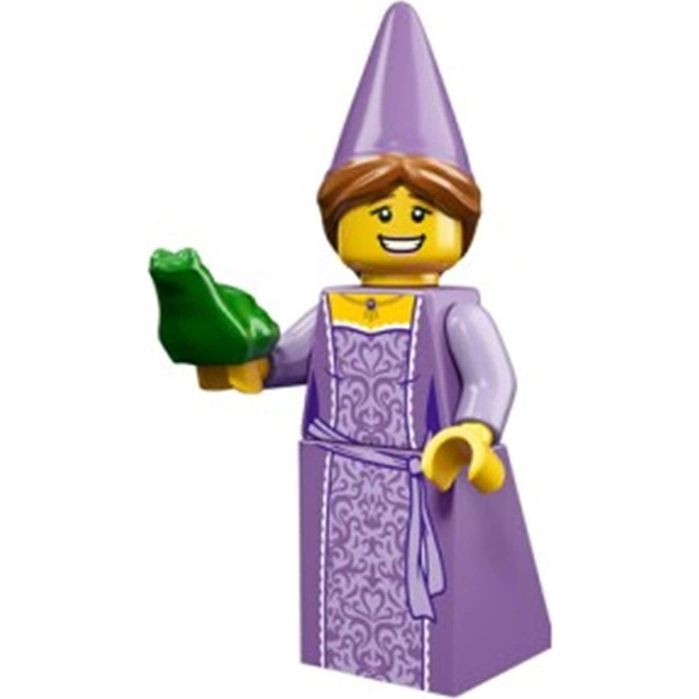 Mor elbisesi ve yeşil kurbağası olan Lego prenses figürü.