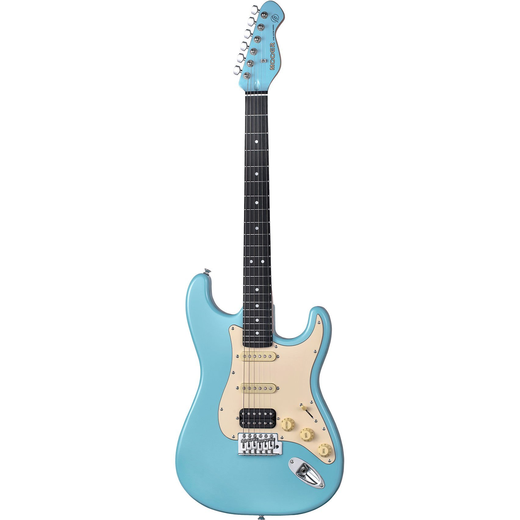 Krem pena korumalı, altı telli, açık mavi bir elektro gitar.