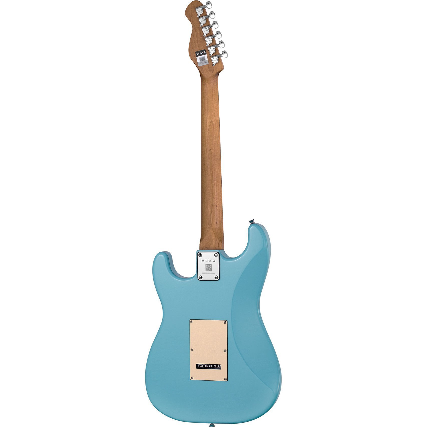 Ahşap sapa ve gümüş burgulara sahip açık mavi elektro gitar gövdesi.