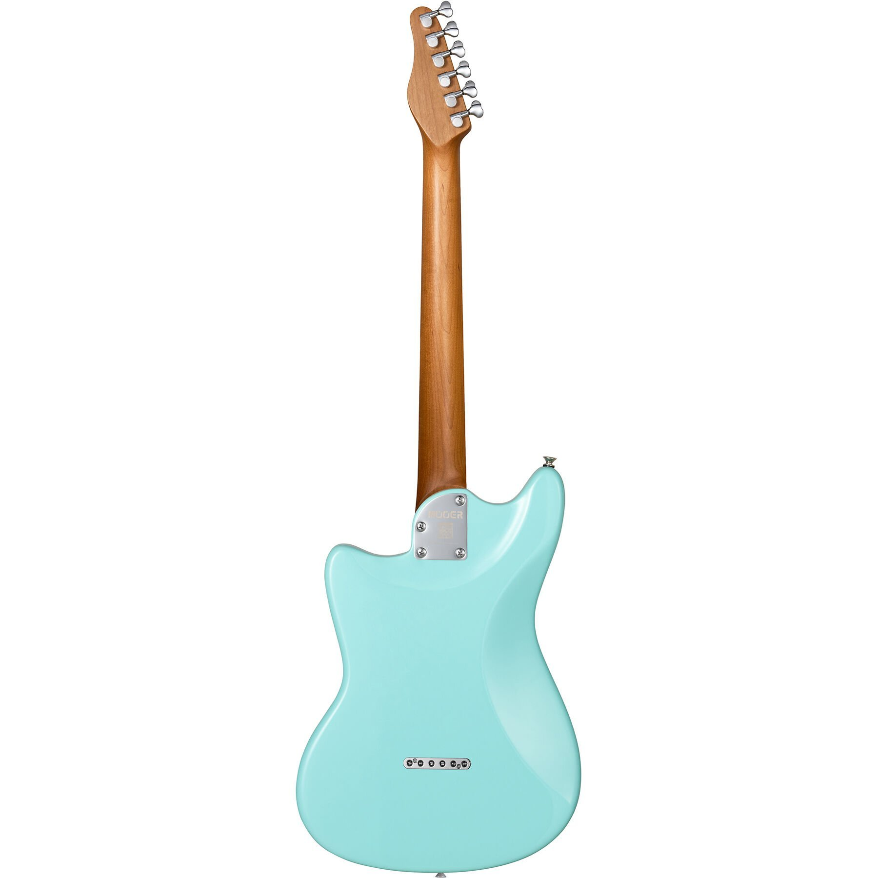 Ahşap sapa ve gümüş akort burgularına sahip turkuaz elektro gitarın arka görünümü.