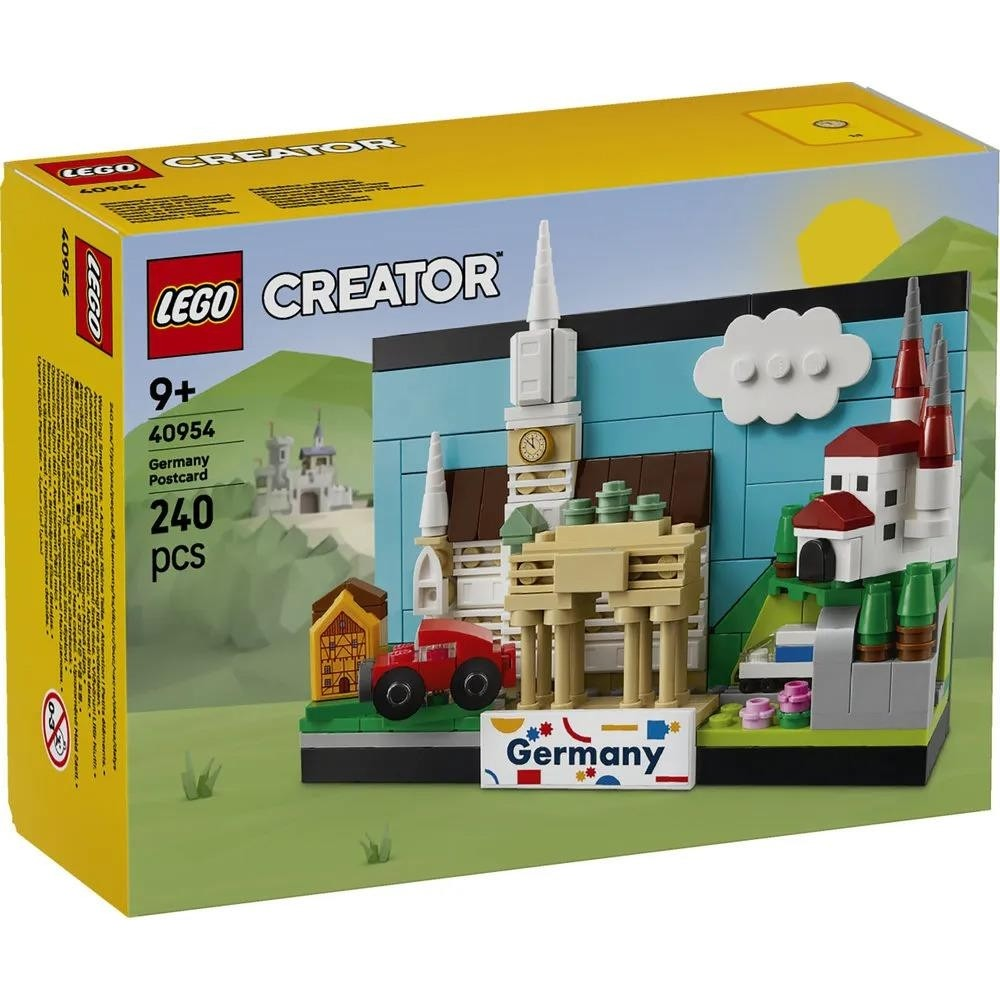 LEGO Creator Almanya Kartpostal seti binalar, kırmızı araba ve bayrak içerir.