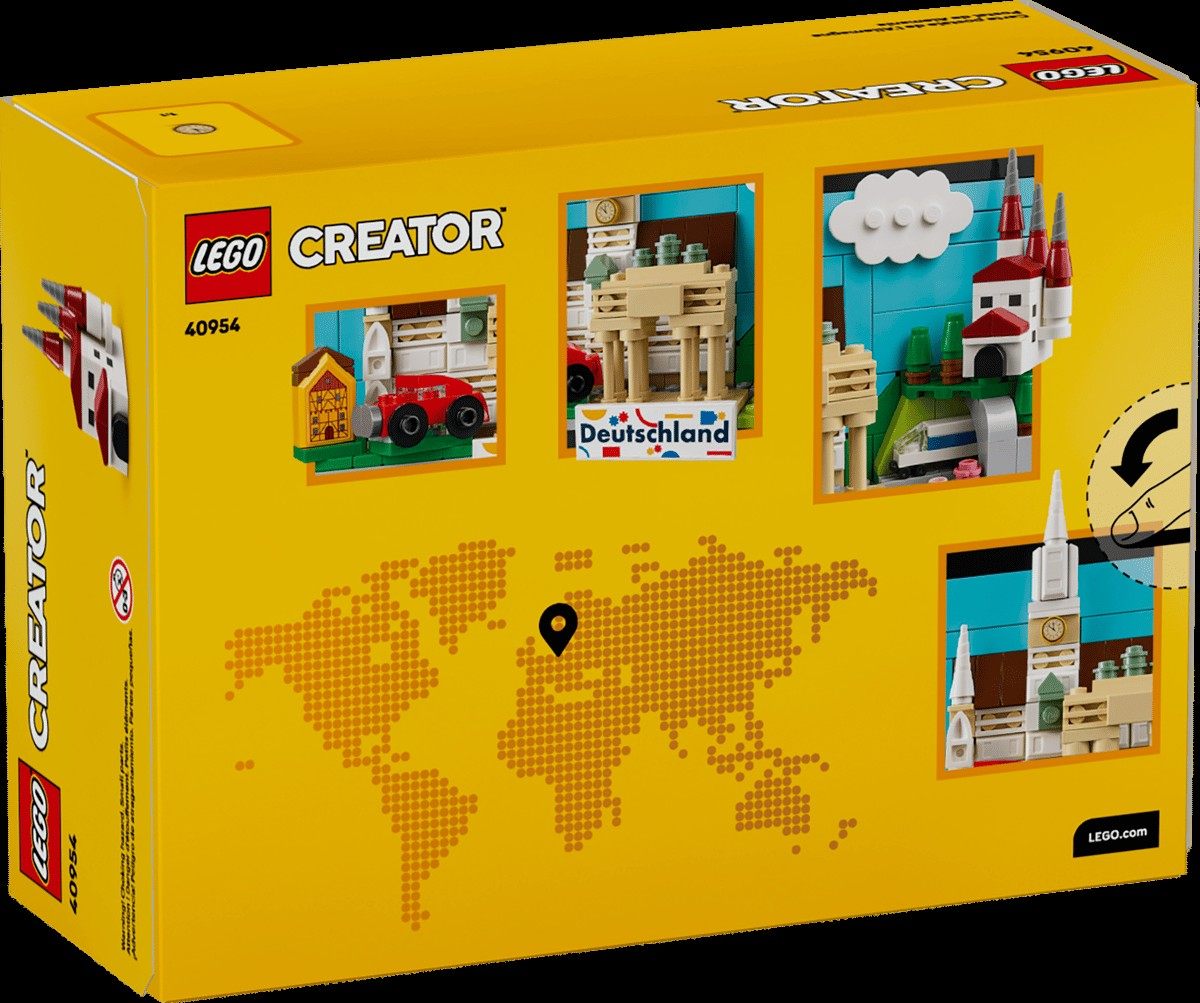Lego yapılar ve dünya haritası gösteren sarı bir Lego Creator kutusu.