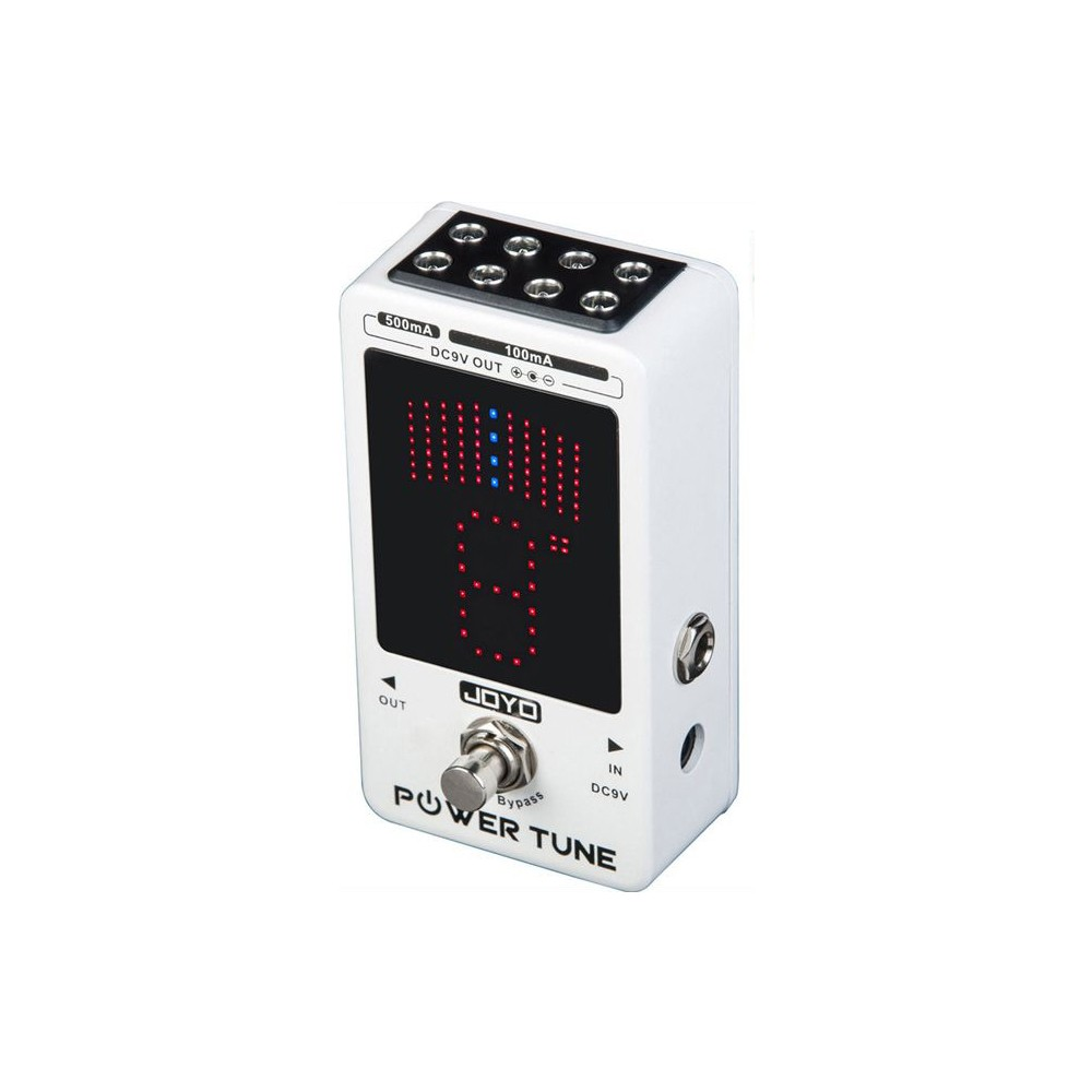 Dijital ekranlı ve ayak pedallı beyaz JOYO Power Tune pedalı.