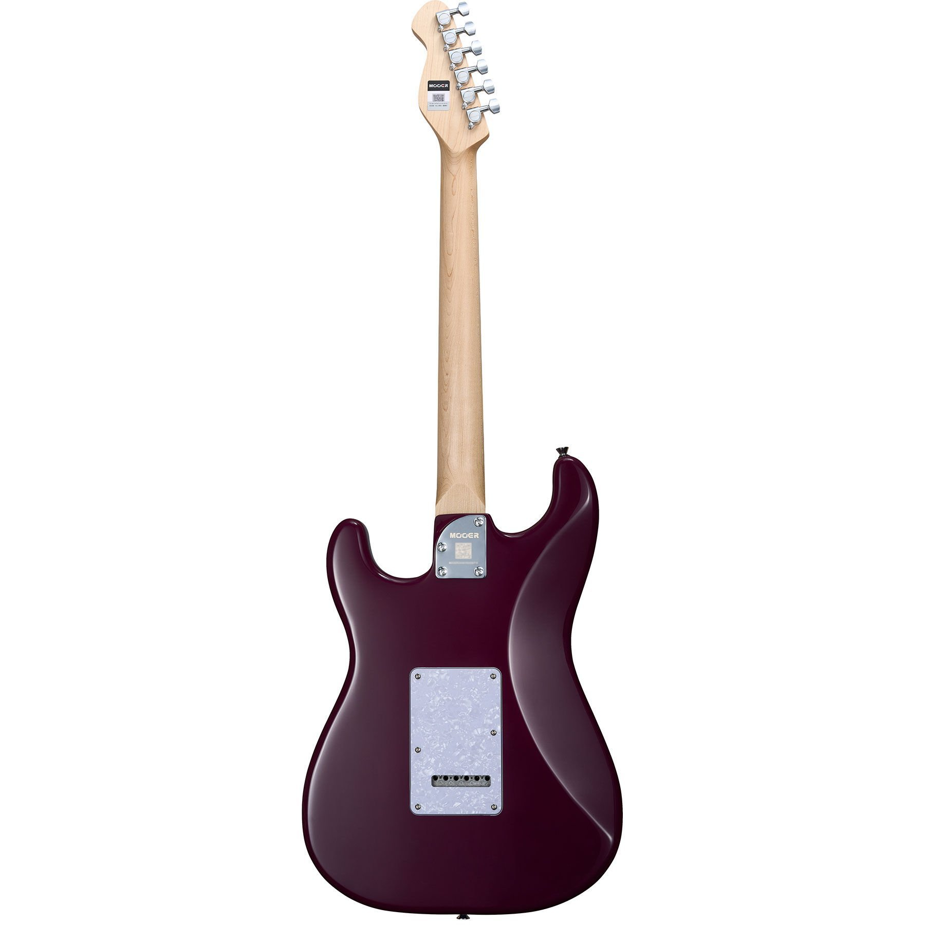 Koyu kırmızı elektro gitarın arka görünümü, açık ahşap sap ve gümüş burgular.