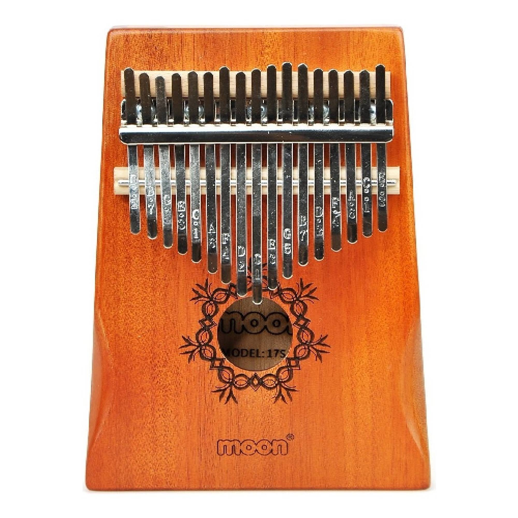 Metal uçlu ahşap kalimba ve gravür detayları.