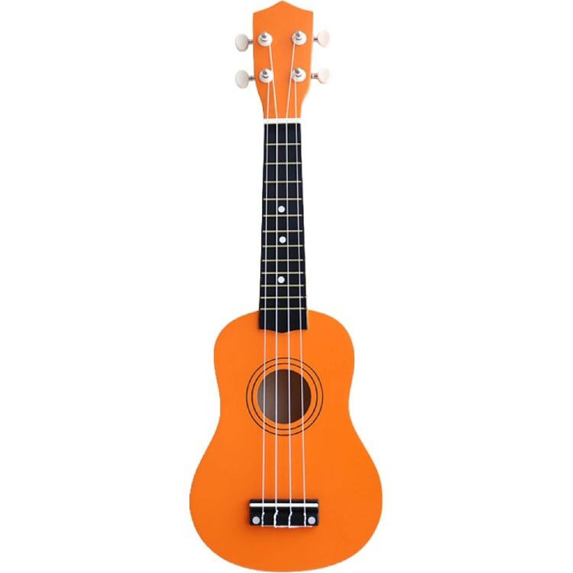 Dört telli, siyah klavyeli parlak turuncu bir ukulele.