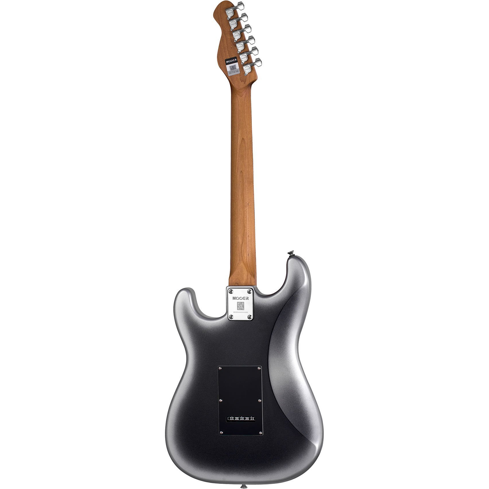 Gümüş rengi elektro gitarın ahşap saplı ve gümüş burgulu arka görünümü.