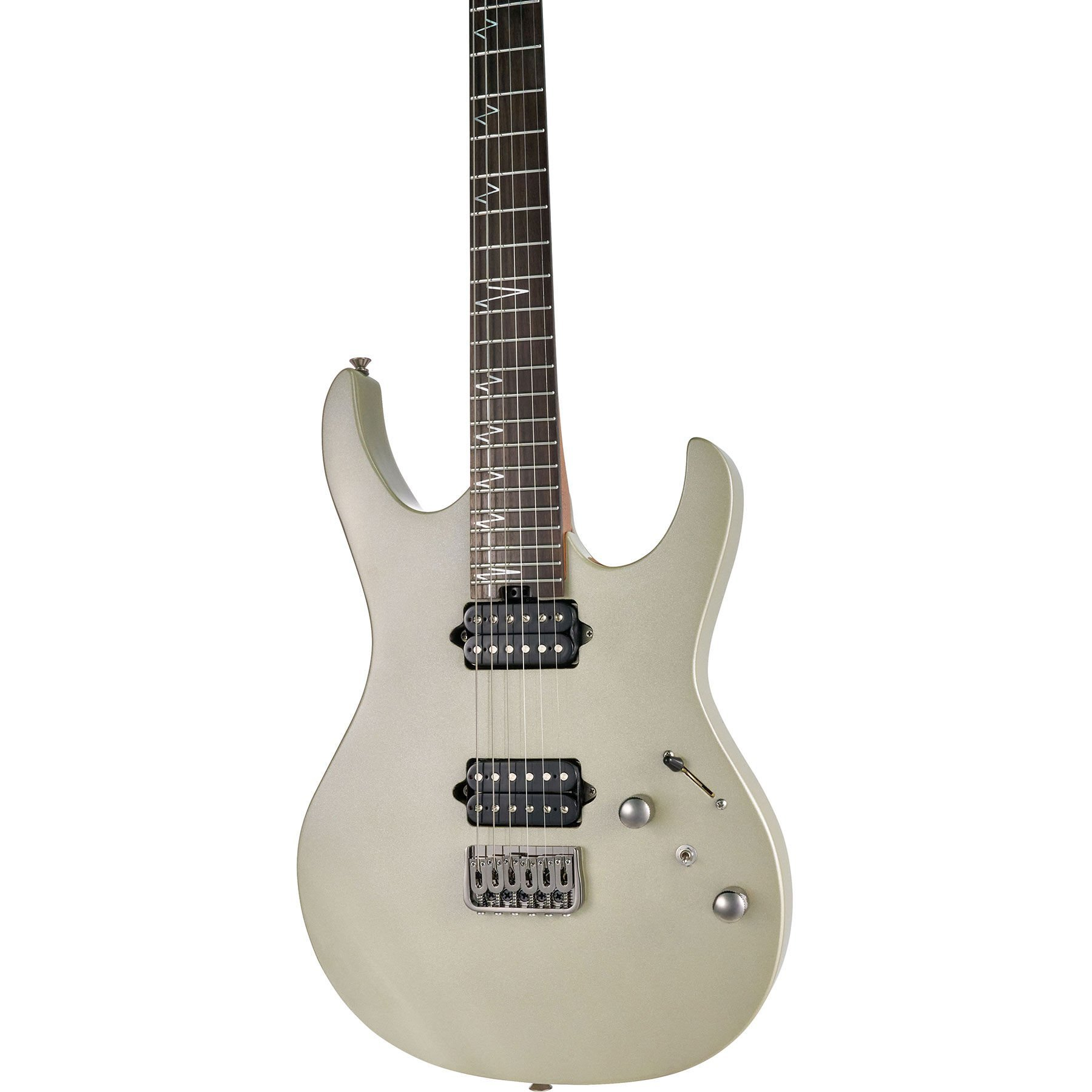 Gümüş rengi, siyah manyetikli ve gümüş köprülü elektro gitar.