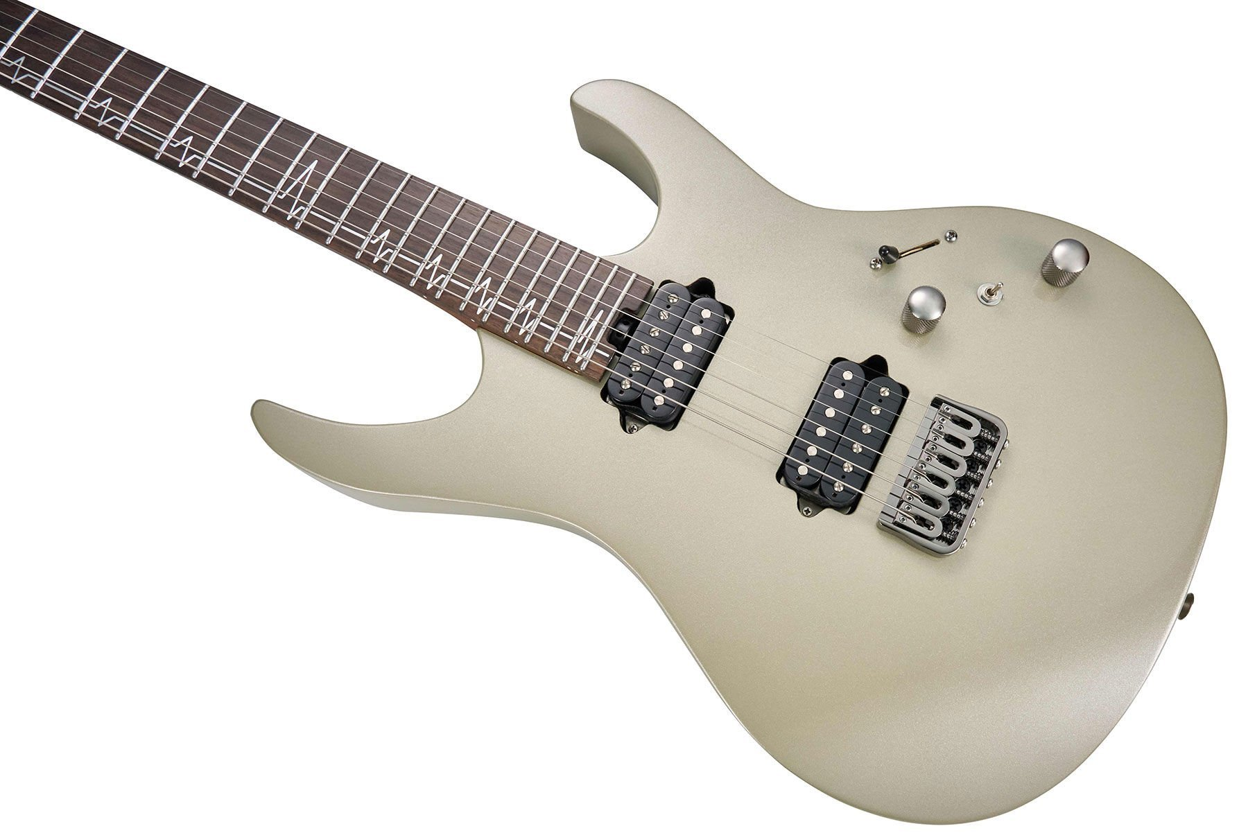 Gümüş rengi elektro gitar, siyah manyetikler ve klavye üzerinde beyaz kalp atışı kakma bulunur.