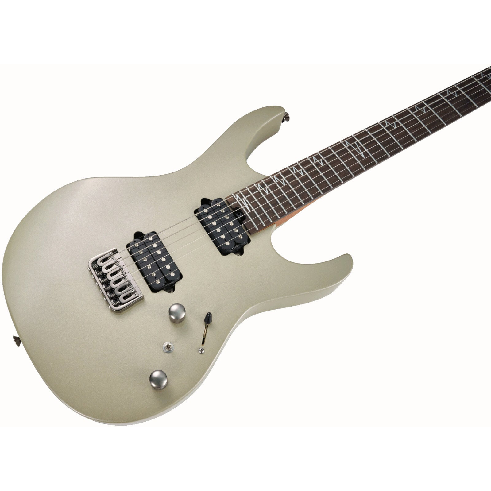 Gümüş renkli elektro gitar, siyah manyetikler ve teller, beyaz arka plan.