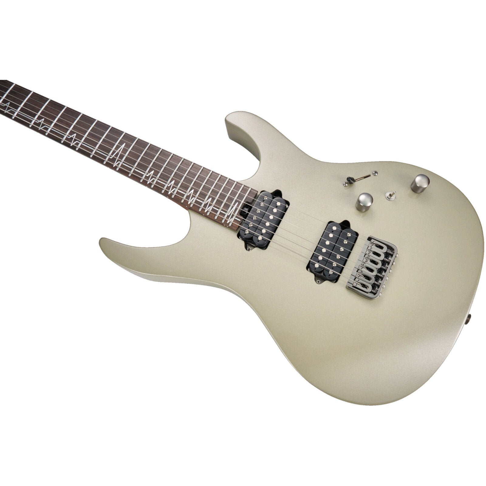 Gitar tablasında kalp atışı kakmalar bulunan gümüş rengi elektro gitar.