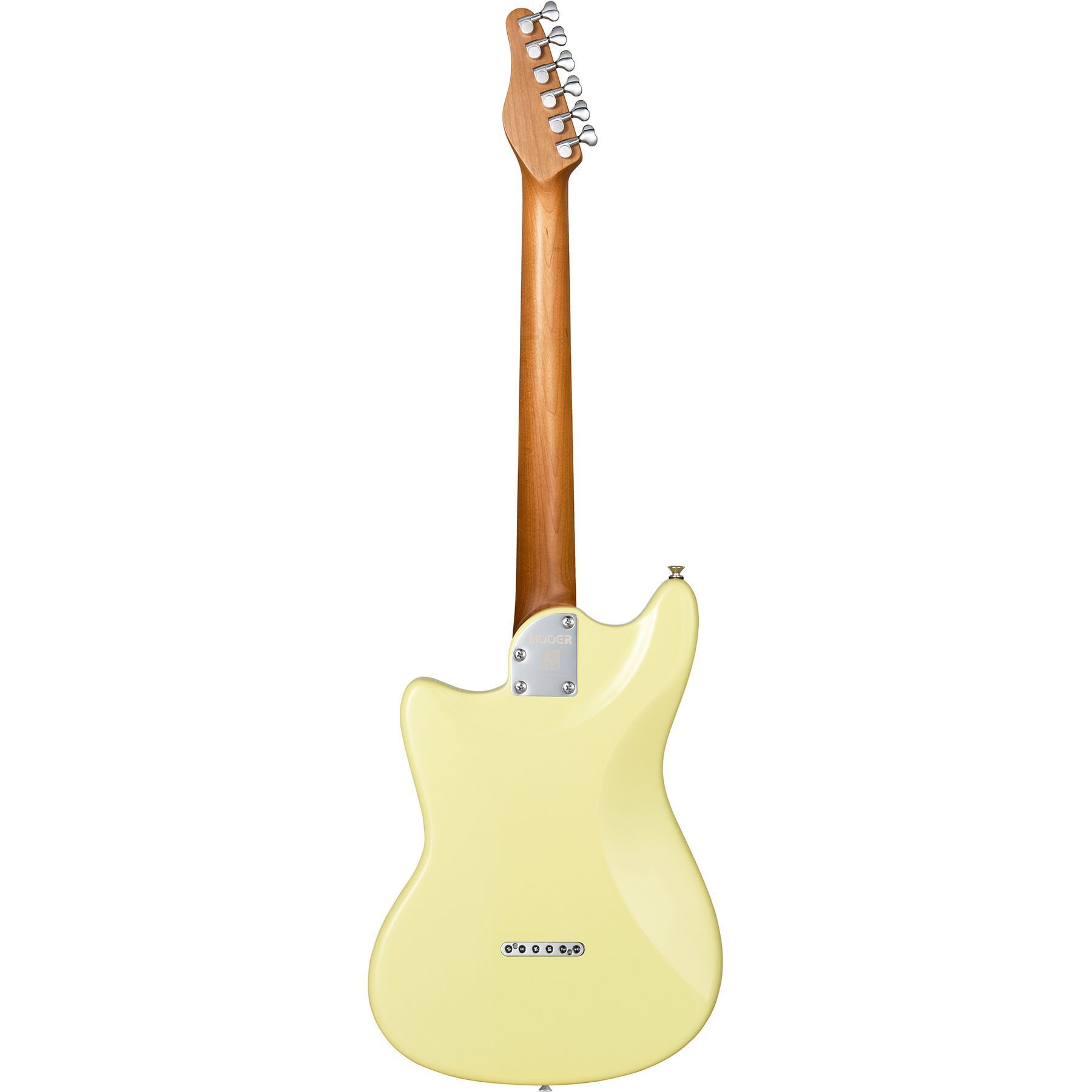 Açık sarı elektro gitarın ahşap saplı ve gümüş burgulu arka görünümü.