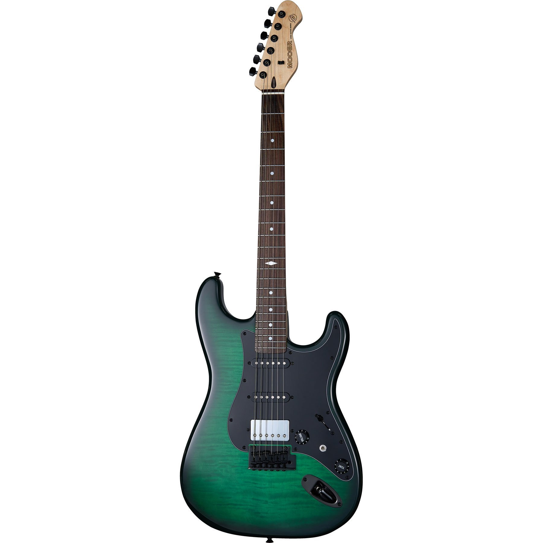 Yeşil gövdeli, siyah detaylı elektro gitar.