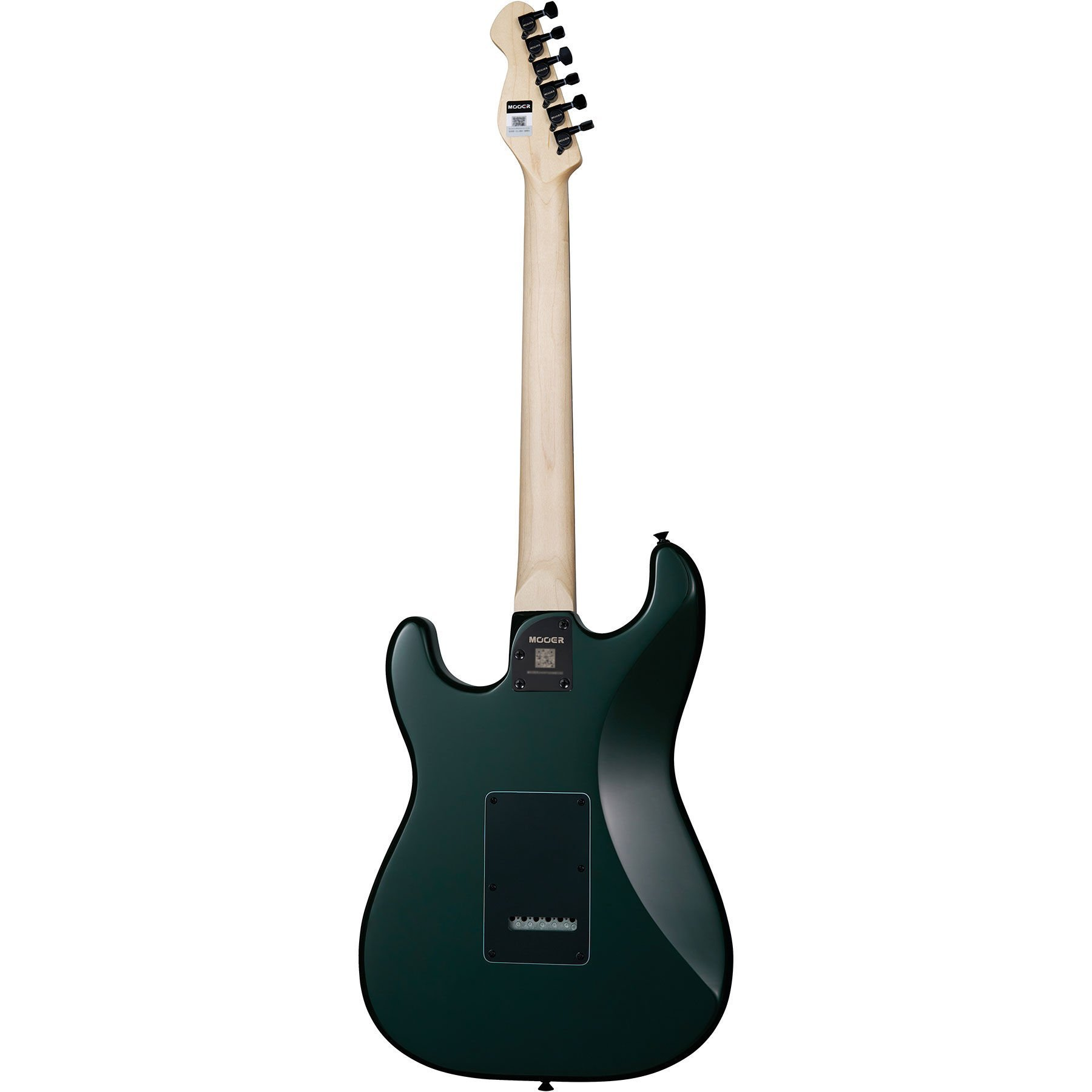 Arkadan gorunen koyu yesil elektro gitar, acik renk ahsap sapli ve siyah burgulu.