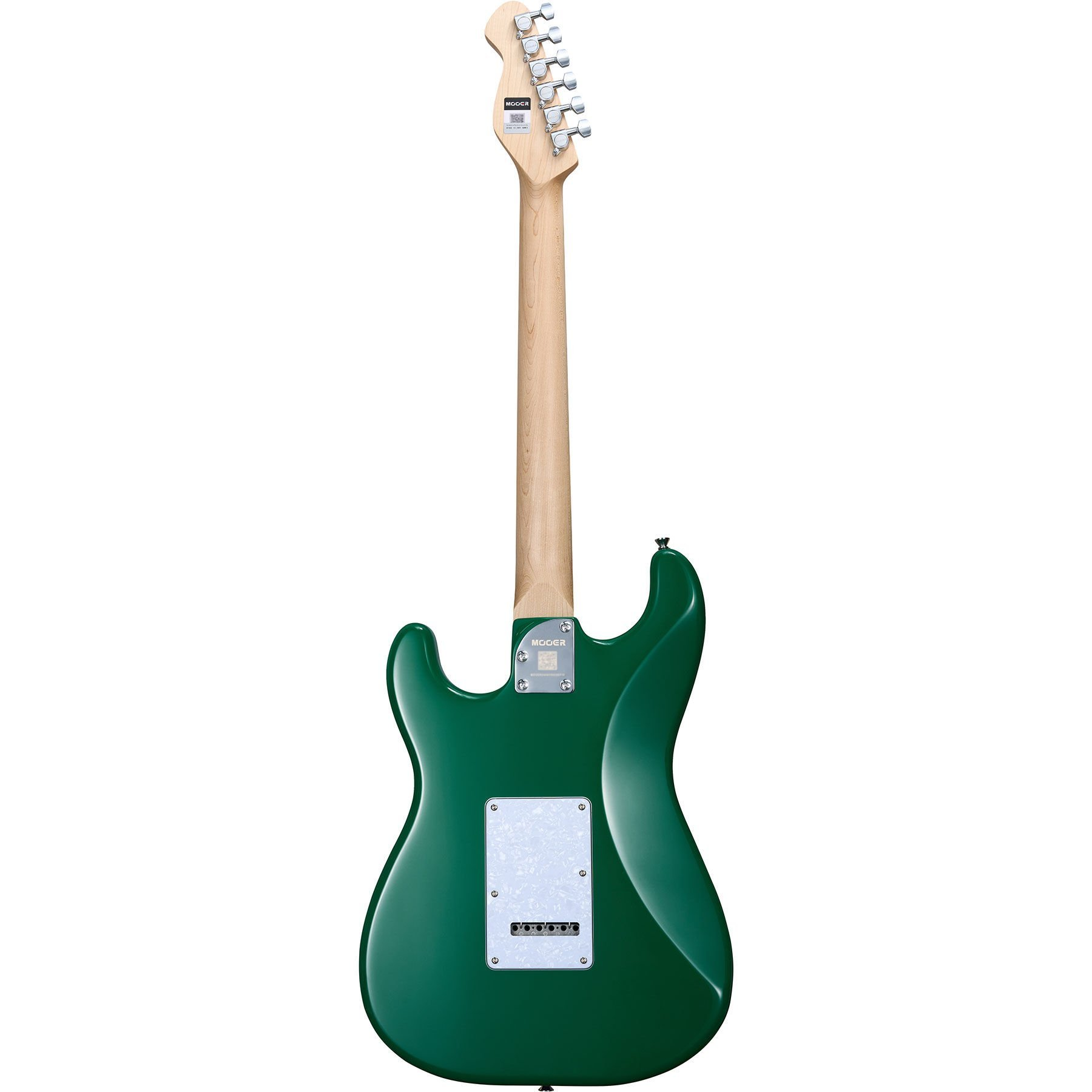 Yeşil elektro gitar, boyun, burgular ve köprüyü gösteren arka görünüm.