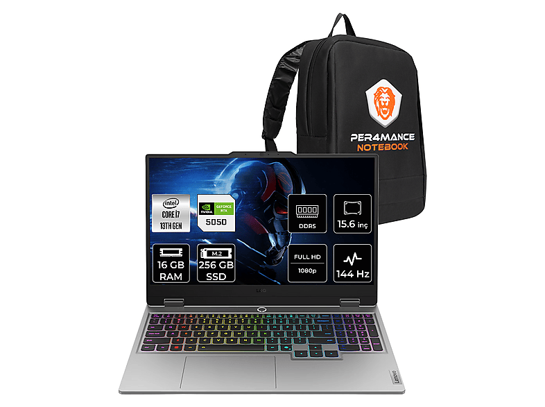 LENOVO LOQ RTX5050 8GB FHD 83JE00KKTRP306 Intel Core i7-13700HX 16 GB RAM 256 GB SSD 15,6 inç FreeDOS Laptop+Çanta Gri
