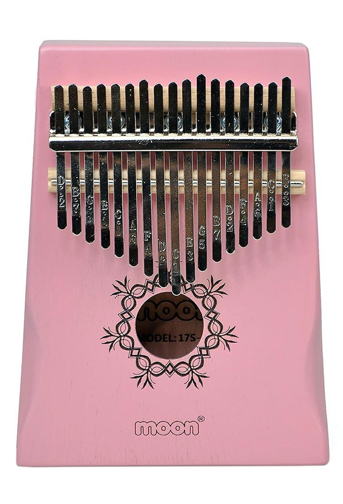 Nota ve sayılarla etiketlenmiş 17 metal tırnaklı pembe bir kalimba.