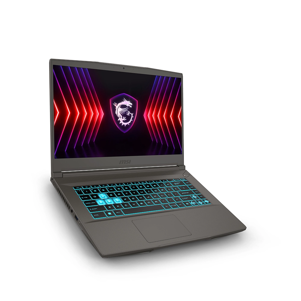 Ekranında ejderha logosu ve parlayan mavi klavyesi olan gri MSI dizüstü bilgisayar.