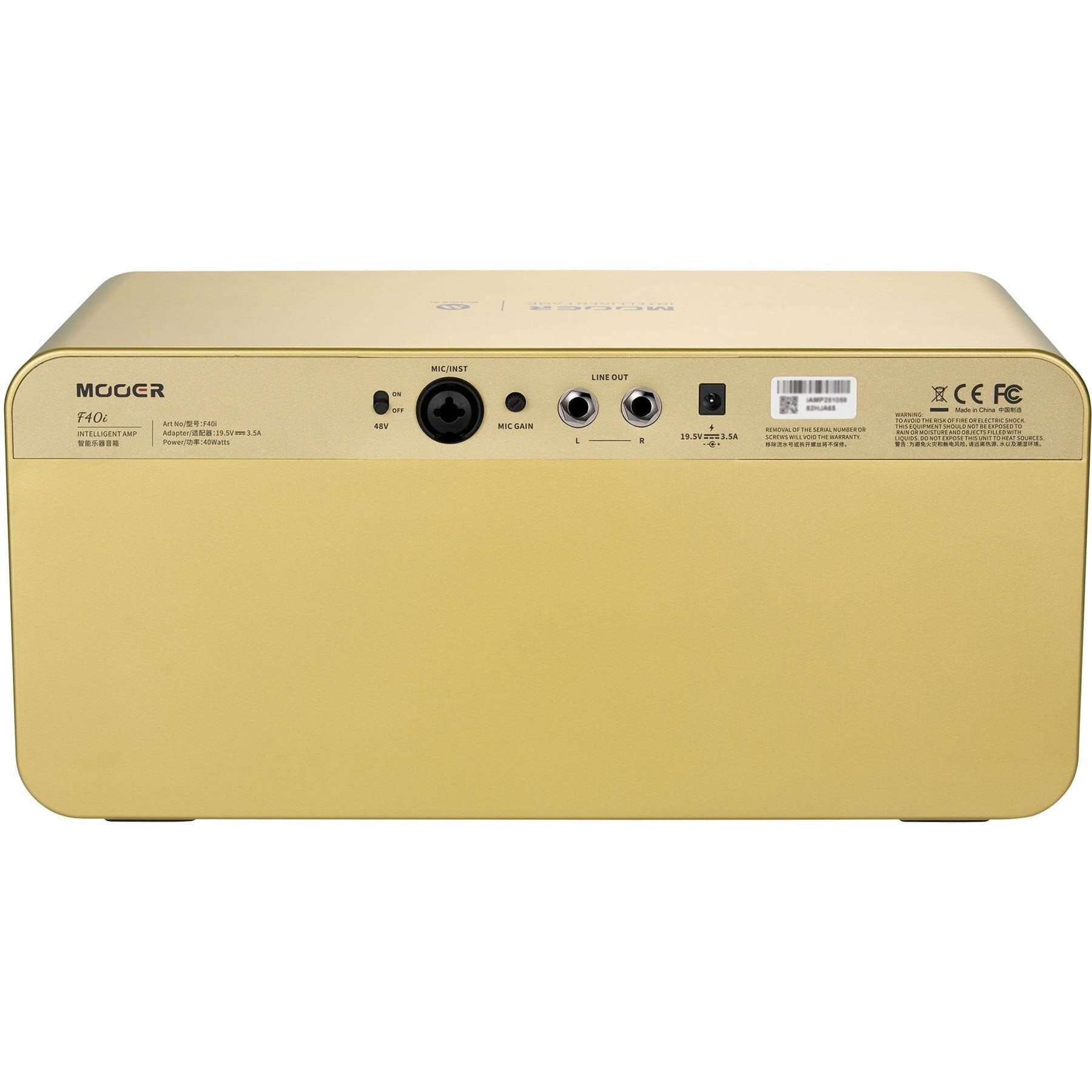 Altın rengi Mooer F40i amfi: Mic/Inst, Line Out ve güç bağlantıları mevcut.