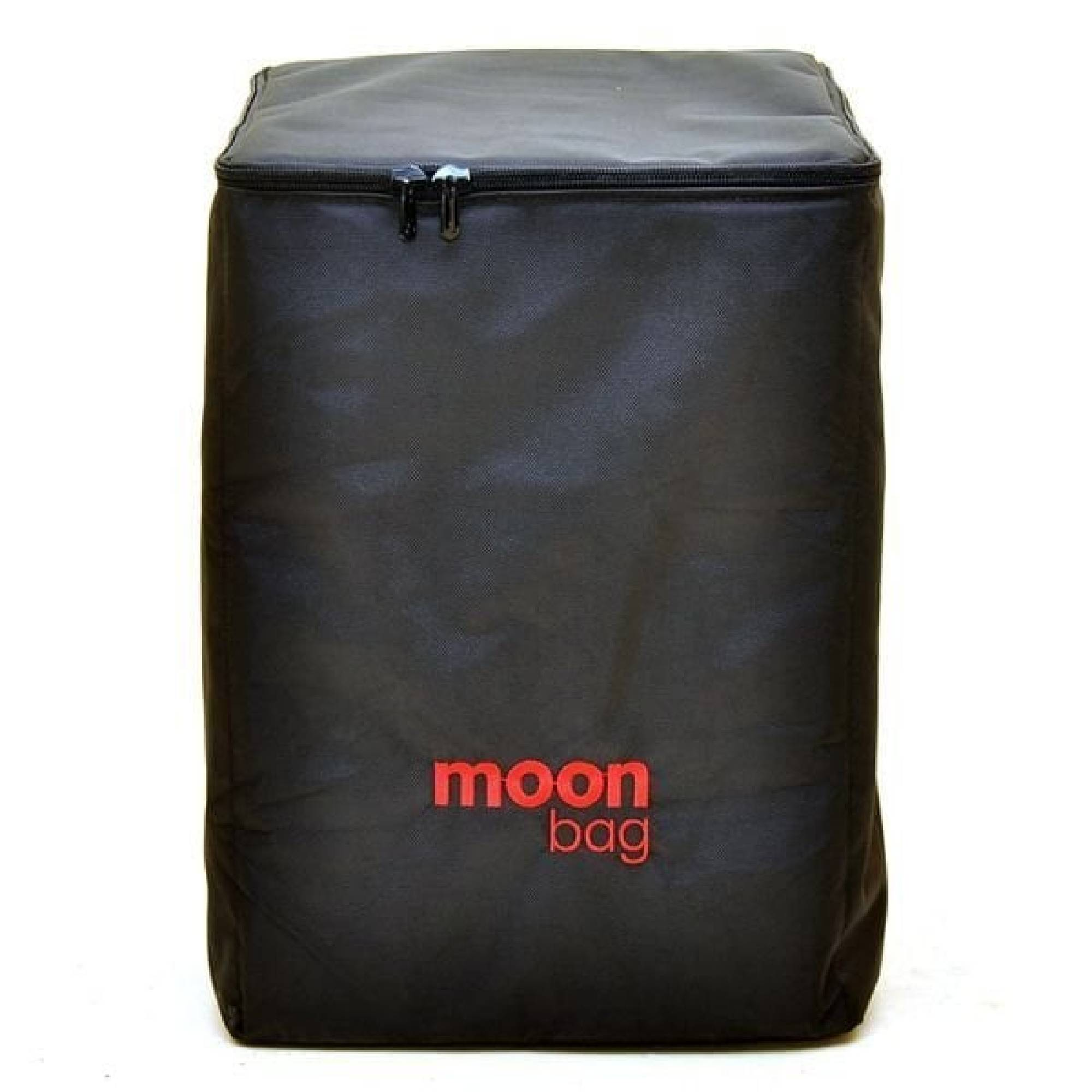 Üstte fermuarlı siyah çanta ve kırmızı "moon bag" yazısı.
