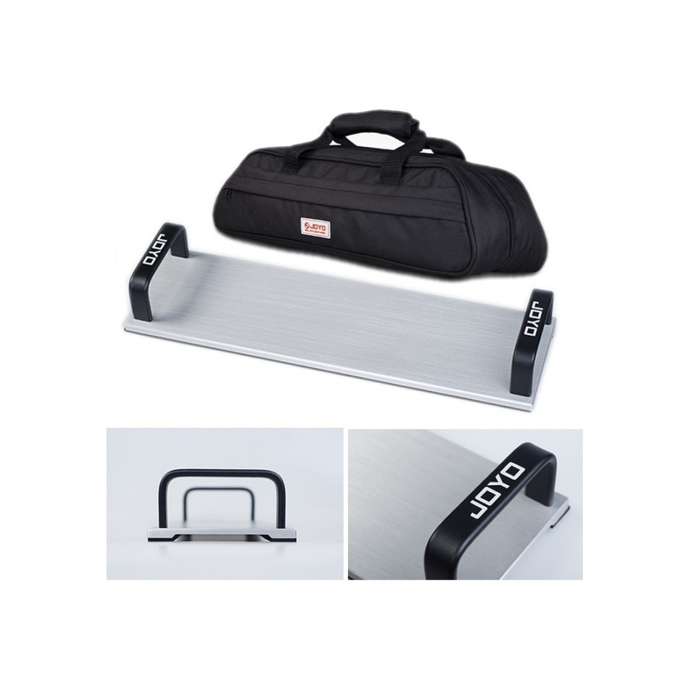Siyah kulplu gümüş renkli pedalboard ve siyah çanta.