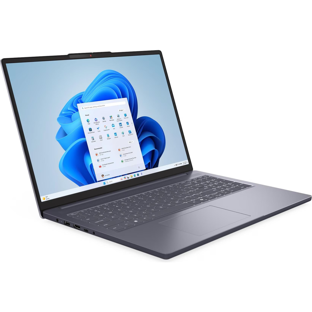 Windows 11'i gösteren açık ekranlı gri bir dizüstü bilgisayar.
