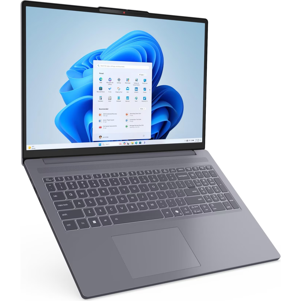 Mavi arka plan grafikleriyle Windows 11 Başlat menüsünü gösteren gri bir dizüstü bilgisayar.