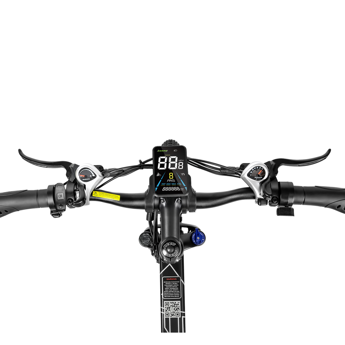 Kierownica roweru elektrycznego z cyfrowym wyświetlaczem, hamulcami i manetką.