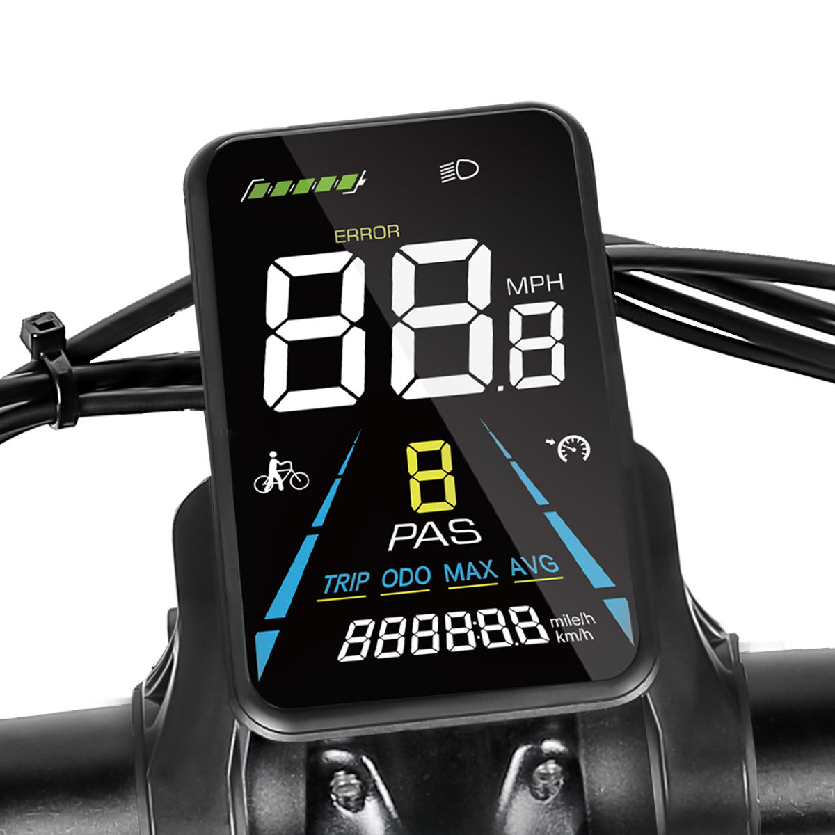 Cyfrowy wyświetlacz licznika rowerowego pokazujący prędkość i błąd.