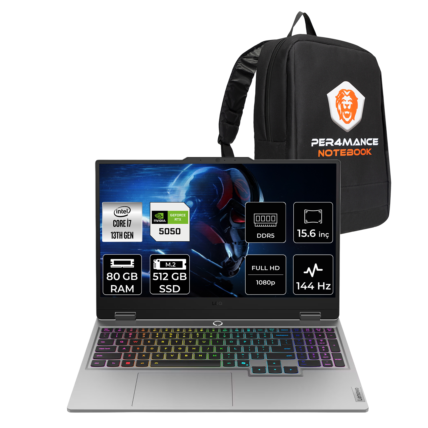 LENOVO LOQ RTX5050 8GB FHD 83JE00KKTRP337 Intel Core i7-13700HX 80 GB RAM 512 GB SSD 15,6 inç FreeDOS Laptop+Çanta Gri